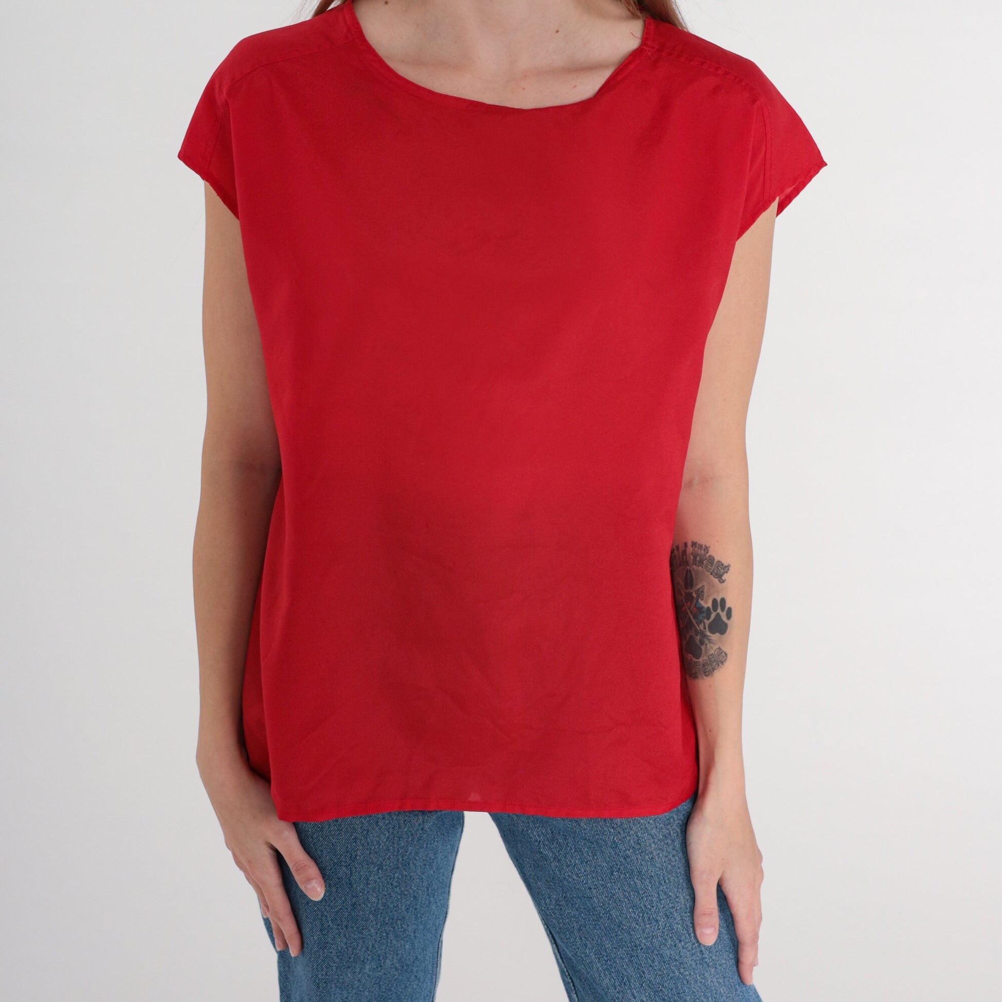 90s Red Cap Sleeve Blouse Plain Vintage Shirt Medium
