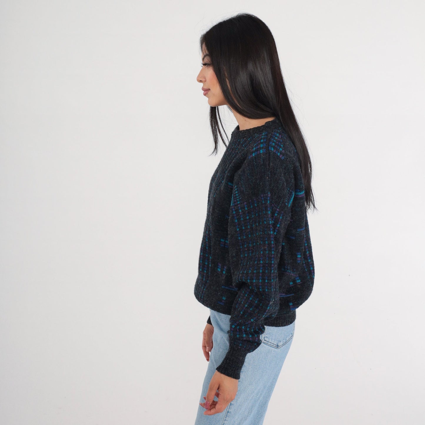90s Checkered Knit Sweater Dark Grey Blue Purple Pullover Medium M