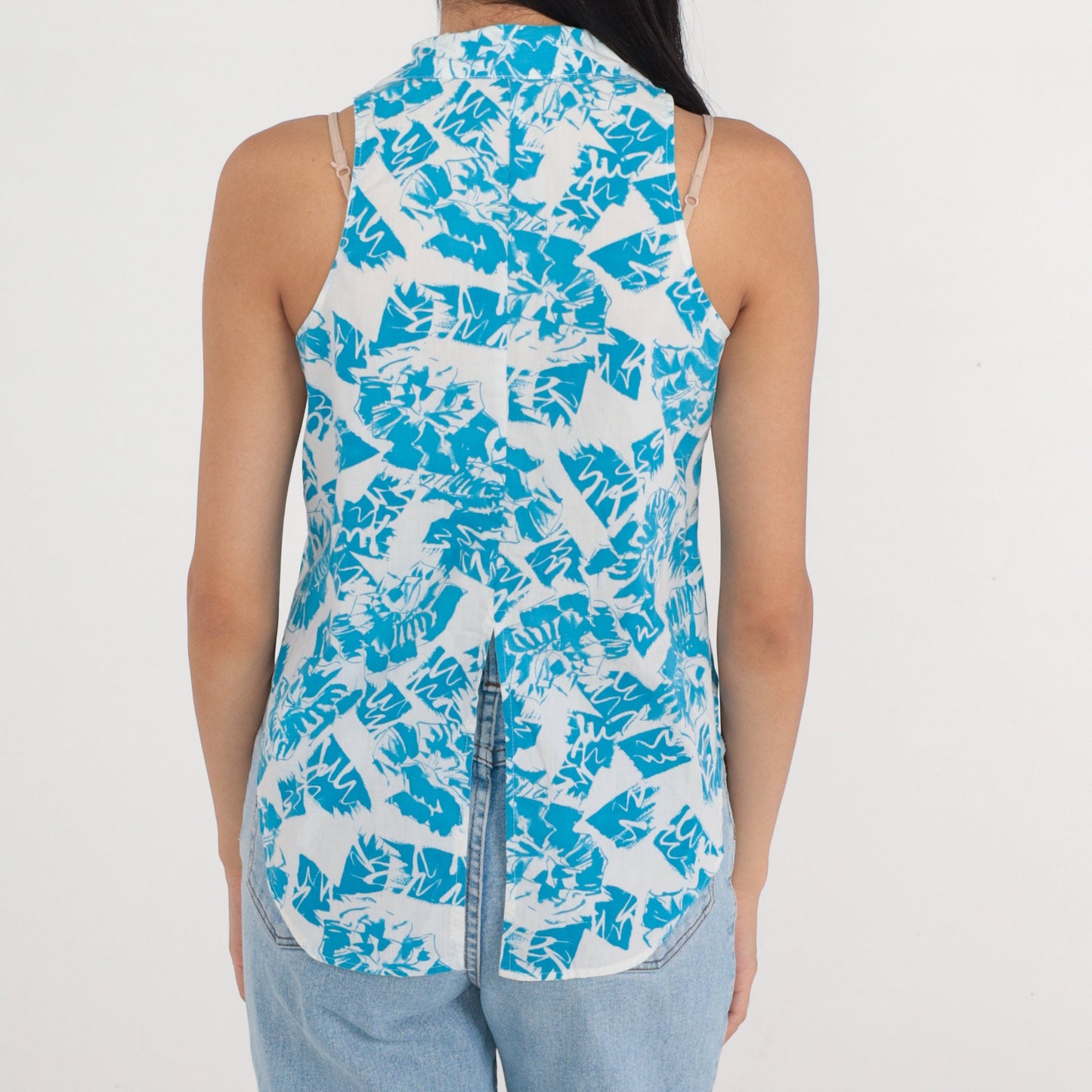 90s White Blue Abstract Print Button-Up Tank Top Small S