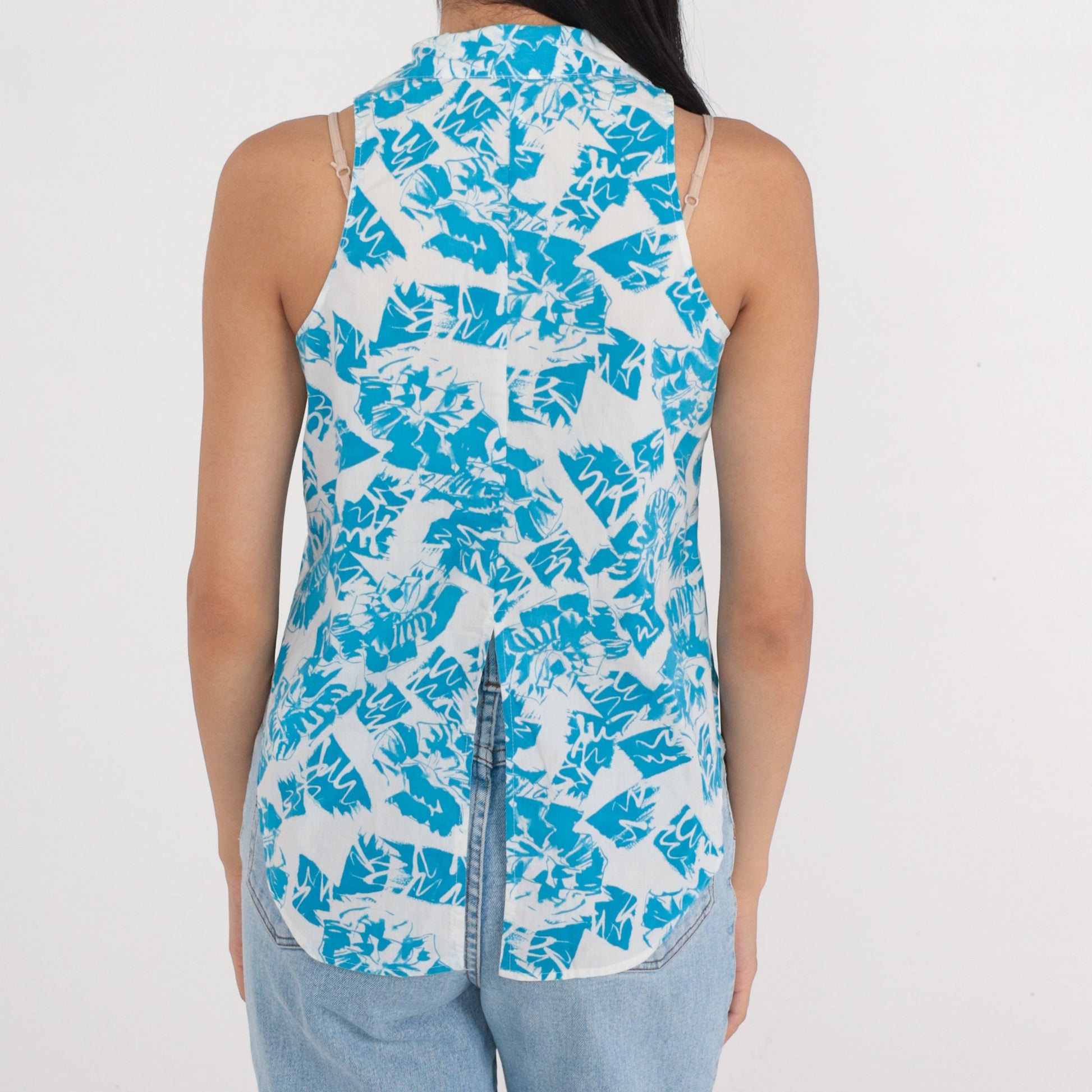 90s White Blue Abstract Print Button-Up Tank Top Small S