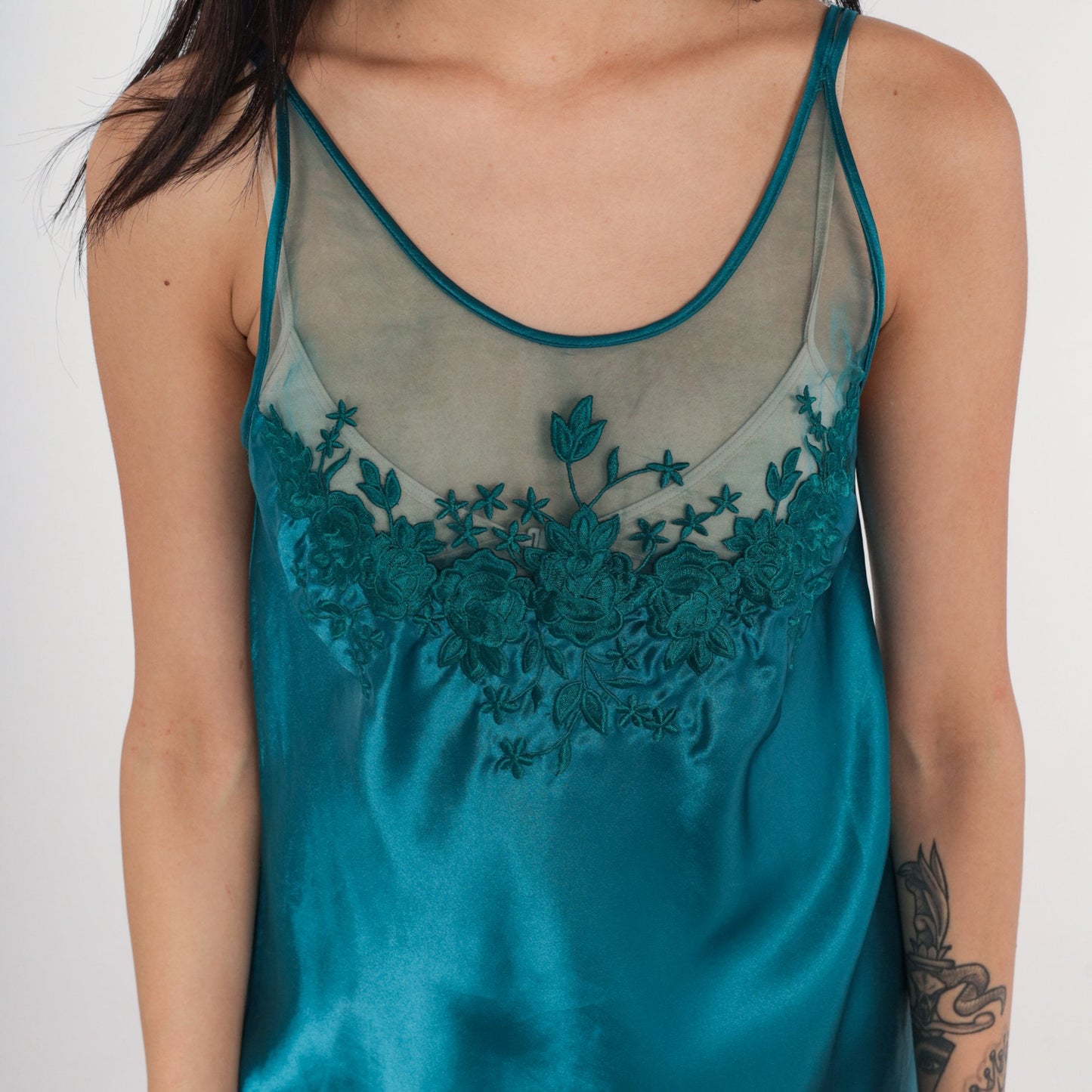 90s Teal Slip Dress Floral Mesh Lace Trim Spaghetti Strap Mini Nightgown XS