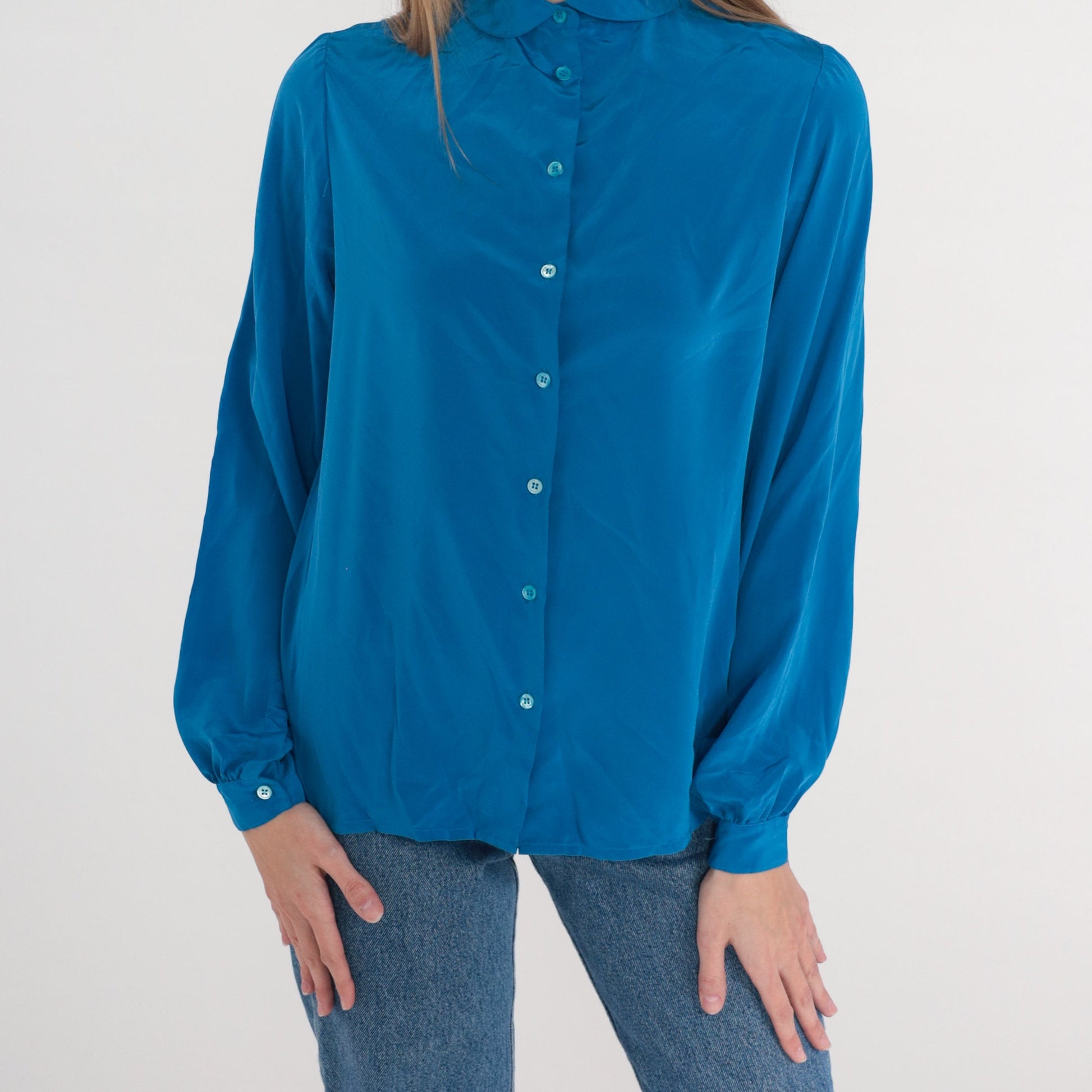 80s Blue Button-Up Blouse Peter Pan Collar Puff Sleeve Medium 8