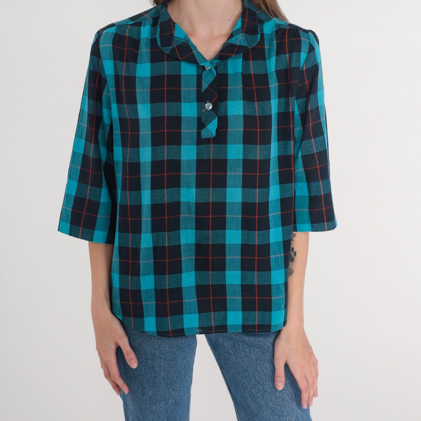 80s Turquoise Plaid Blouse Half-Button Puff Sleeve Shirt Medium M