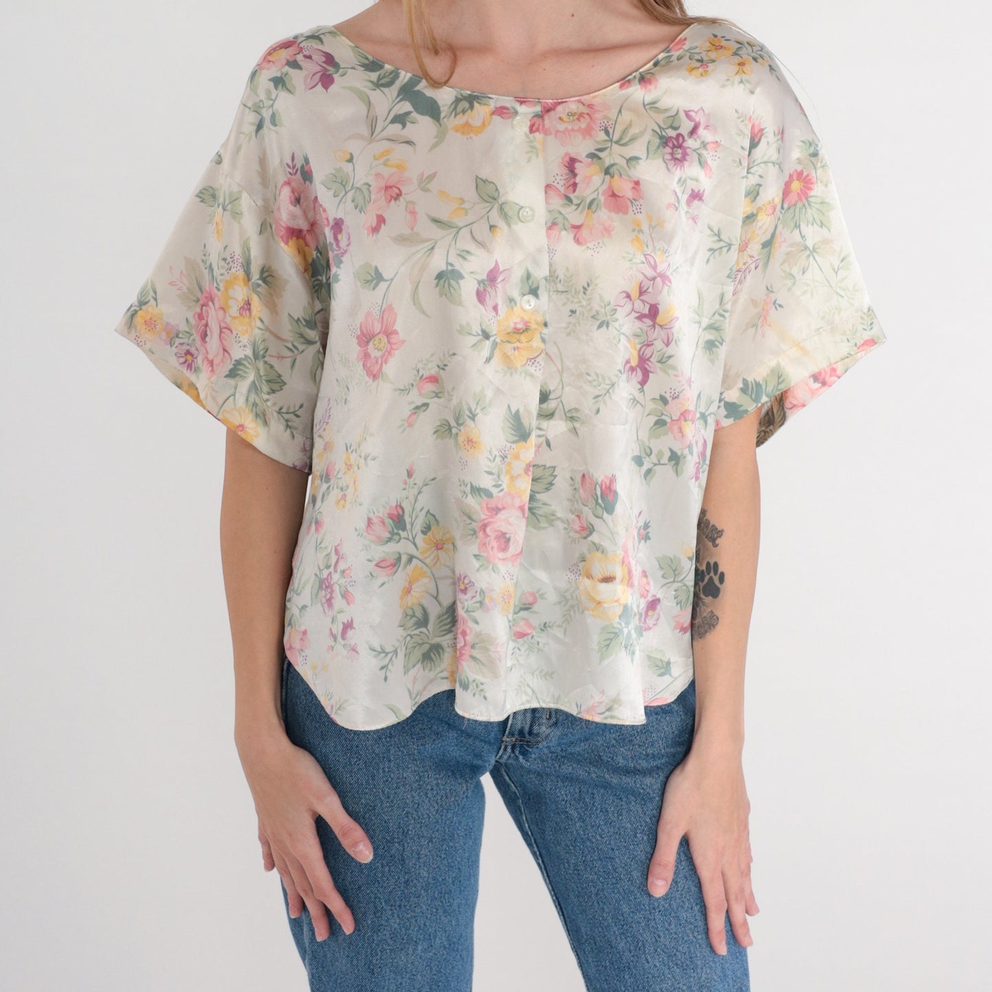 90s Barbizon Floral Satin Pajama Top Cream Half-Button Sleep Shirt Large L
