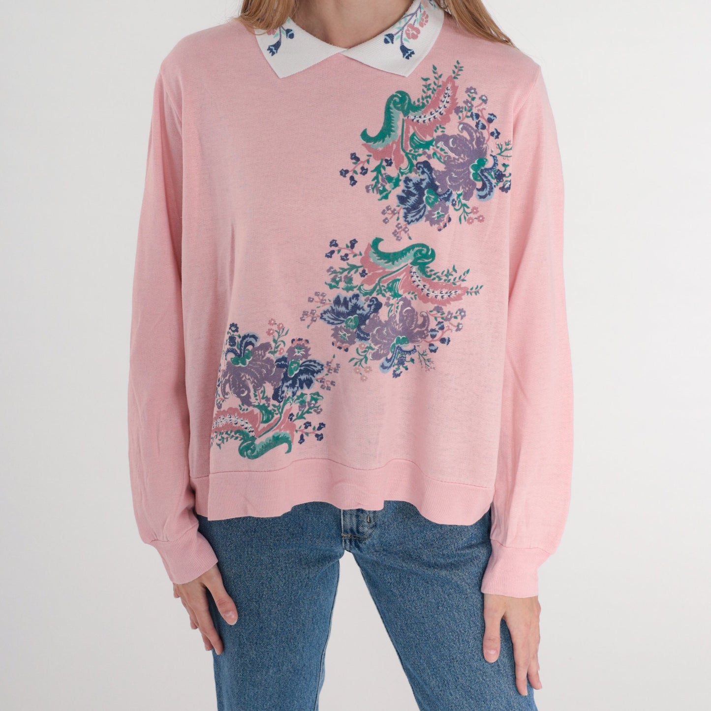 80s Pink Floral Collared Sweatshirt Flower Print Crewneck Small S