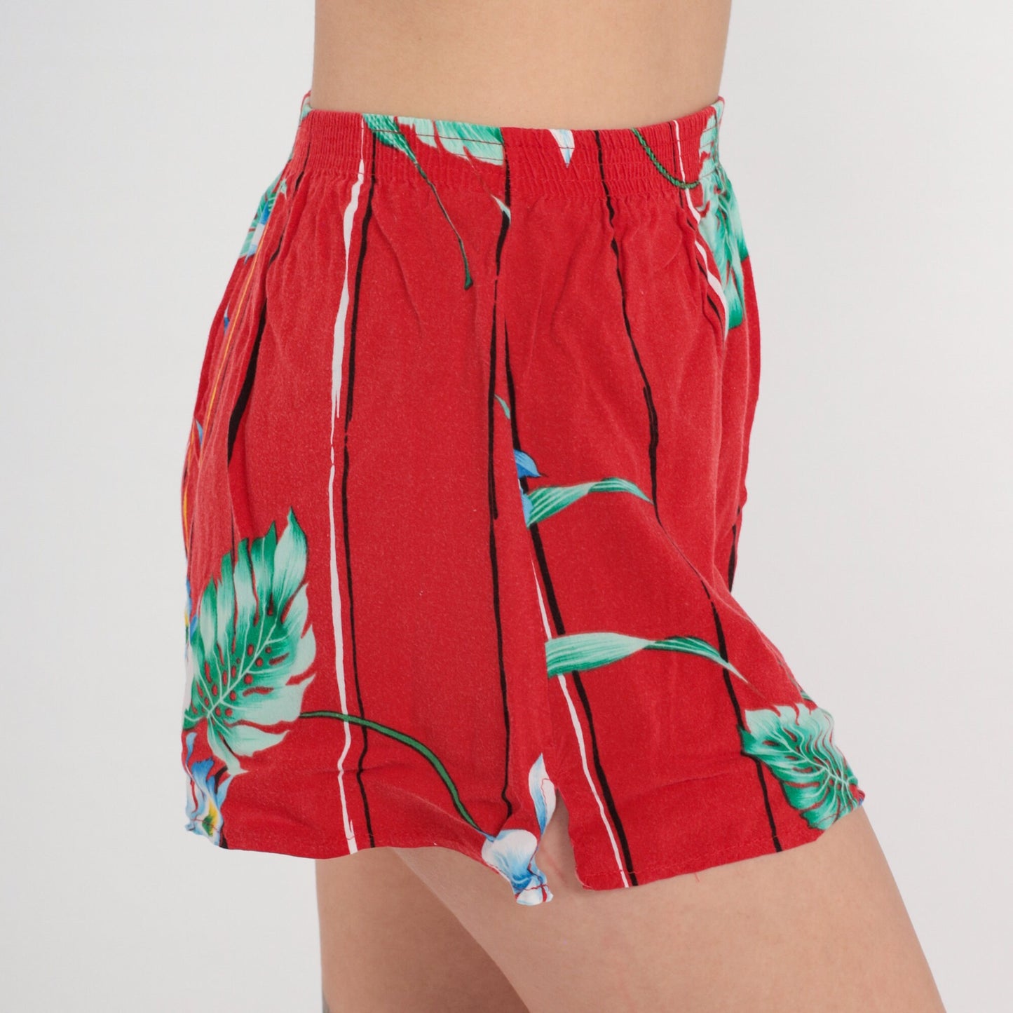 80s Tropical Floral High-Waist Shorts Red Cotton Jungle Print XS