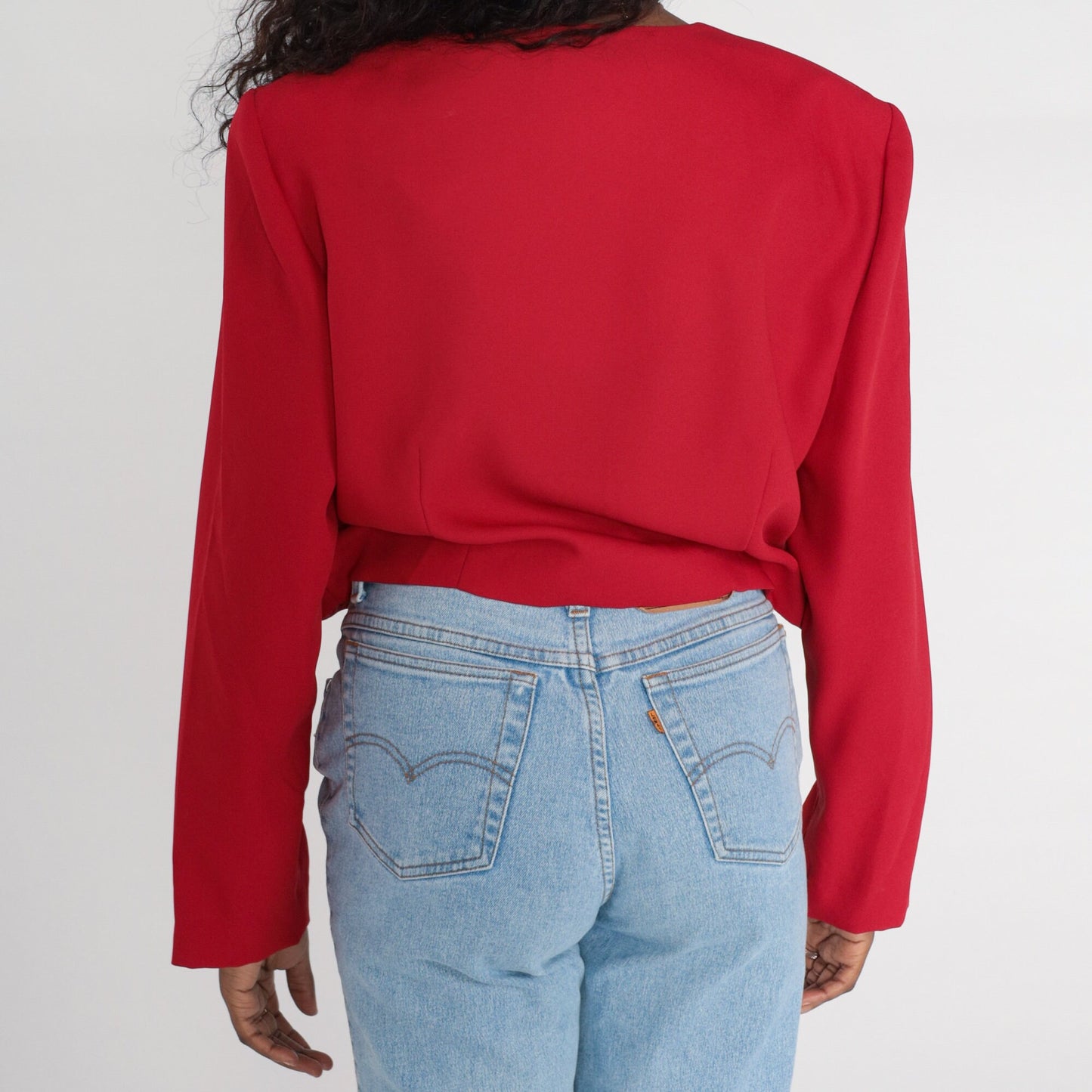 90s Red Cropped Jacket Gold Star Embroidered Open Front Blazer Extra Large XXL