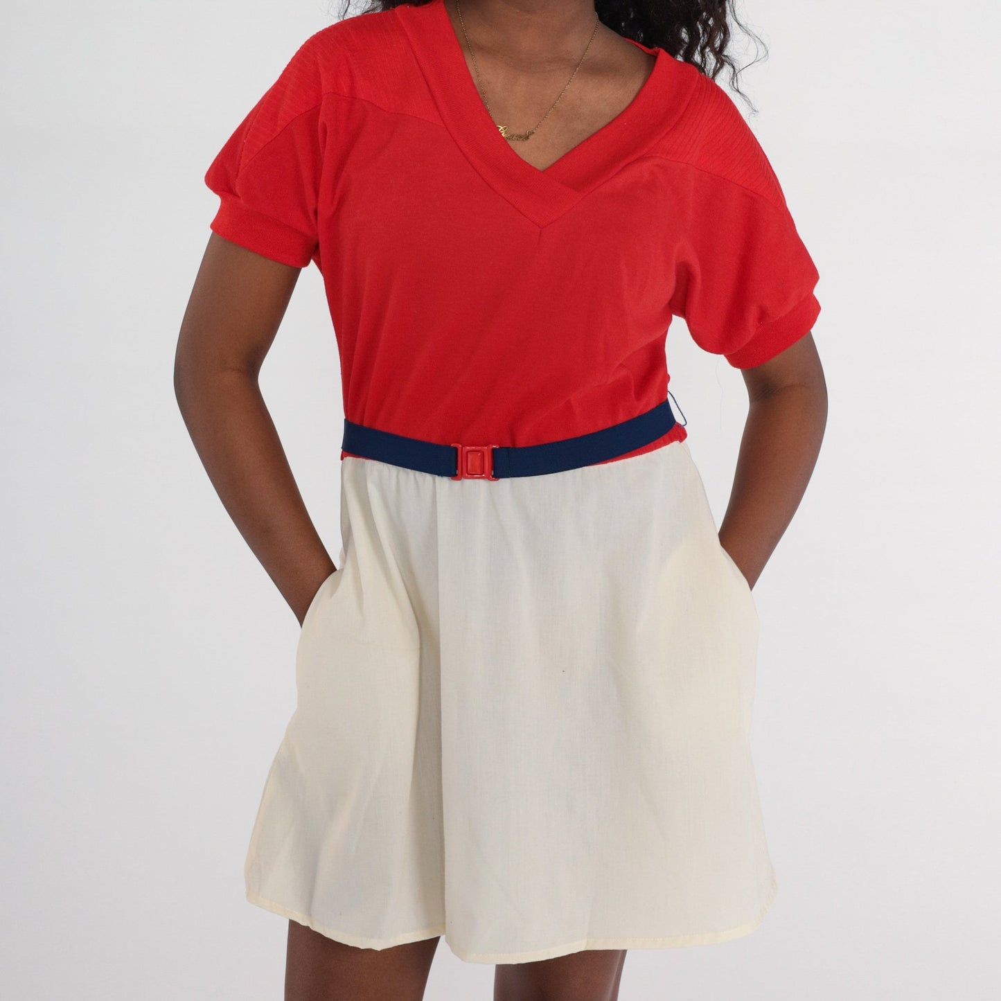 80s Color Block Mini Dress Red Off-White V-Neck Dolman Sleeve Medium Large