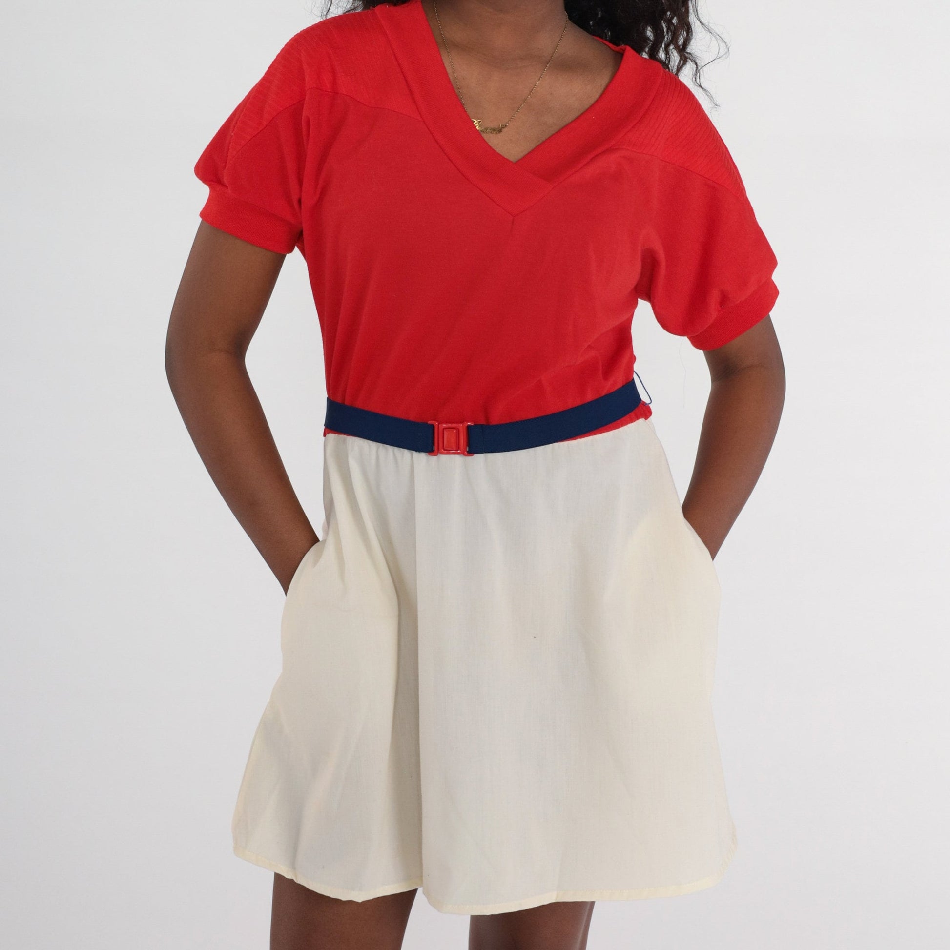 80s Color Block Mini Dress Red Off-White V-Neck Dolman Sleeve Medium Large