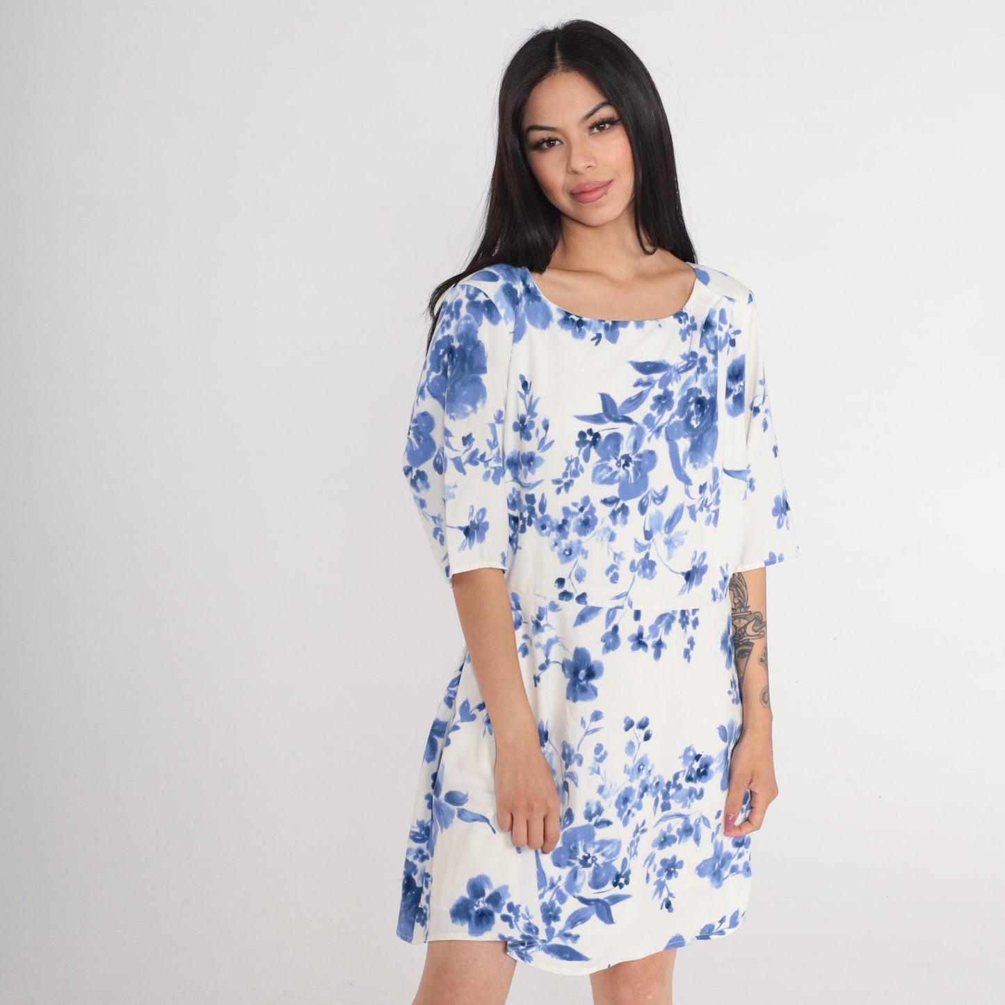 00s White Blue Floral Mini Dress High Waist A-Line Short Sleeve Large