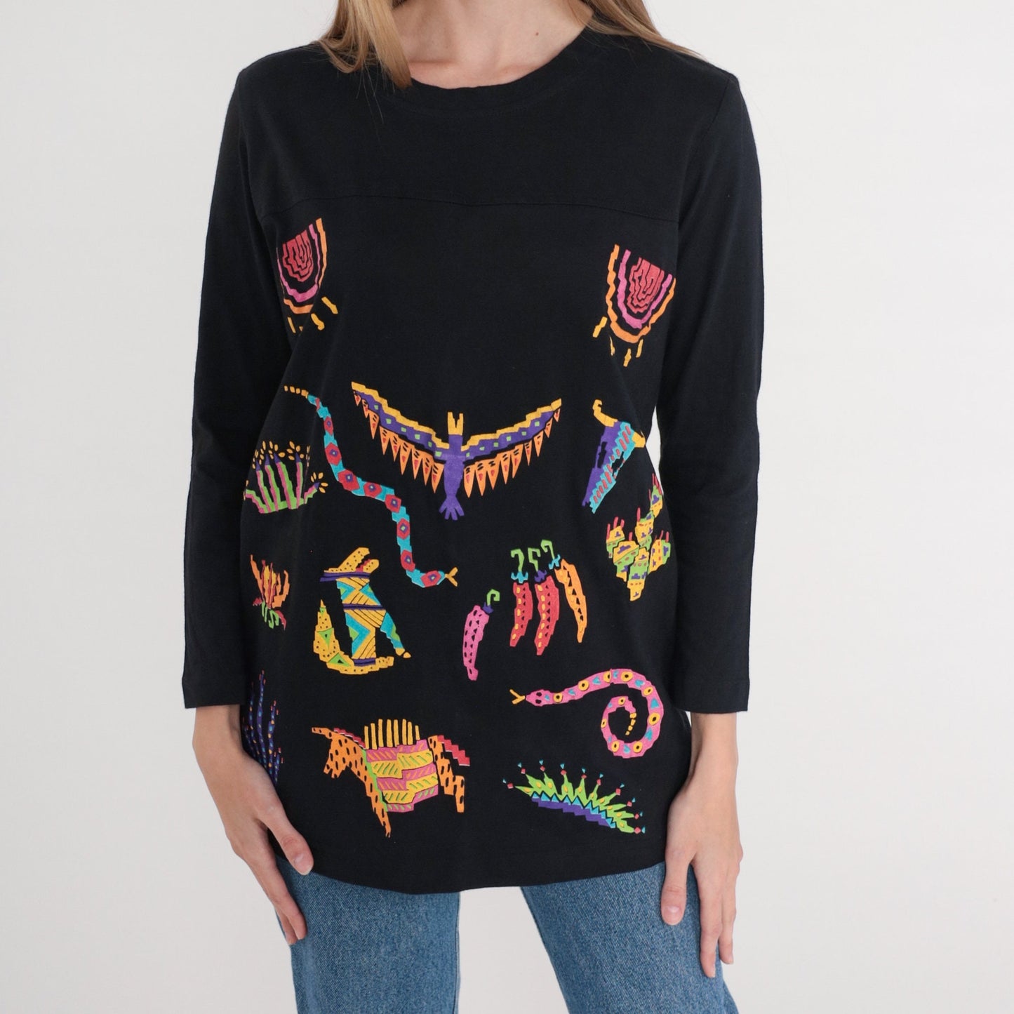90s Southwestern Graphic Long Sleeve Tee Black Cotton Small