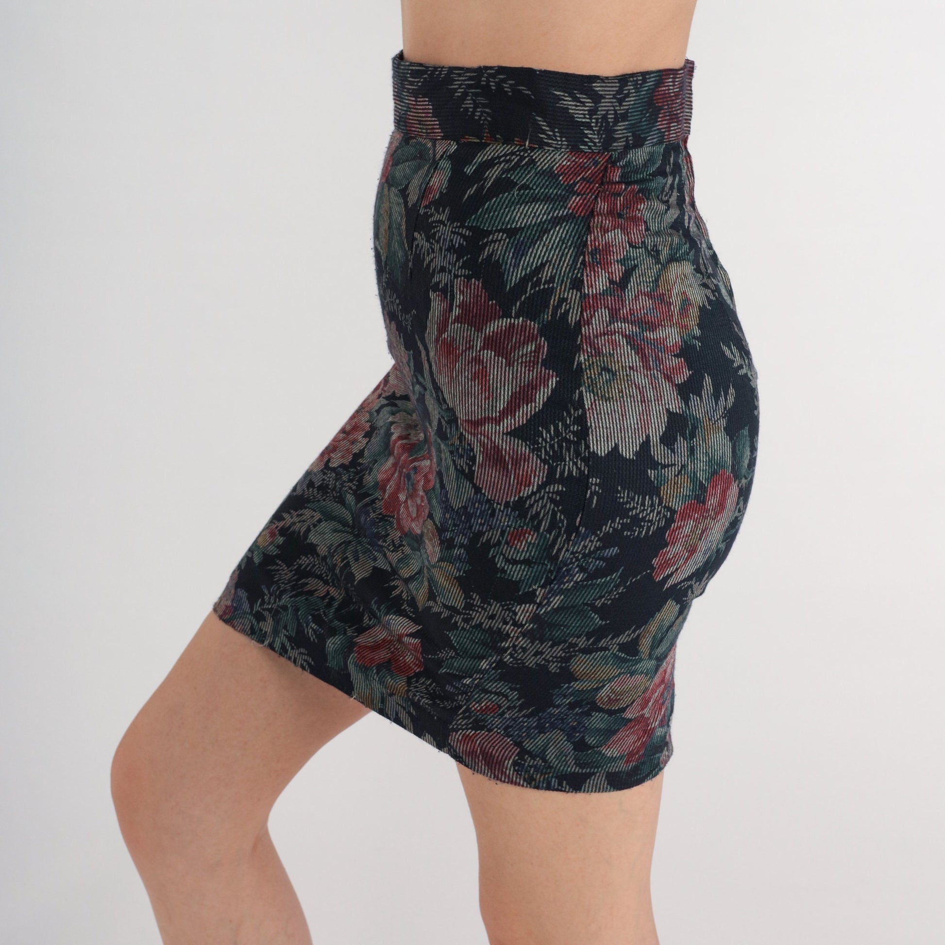 80s Byer of California Navy Floral Corduroy Mini Skirt High Waisted Pencil Extra Small