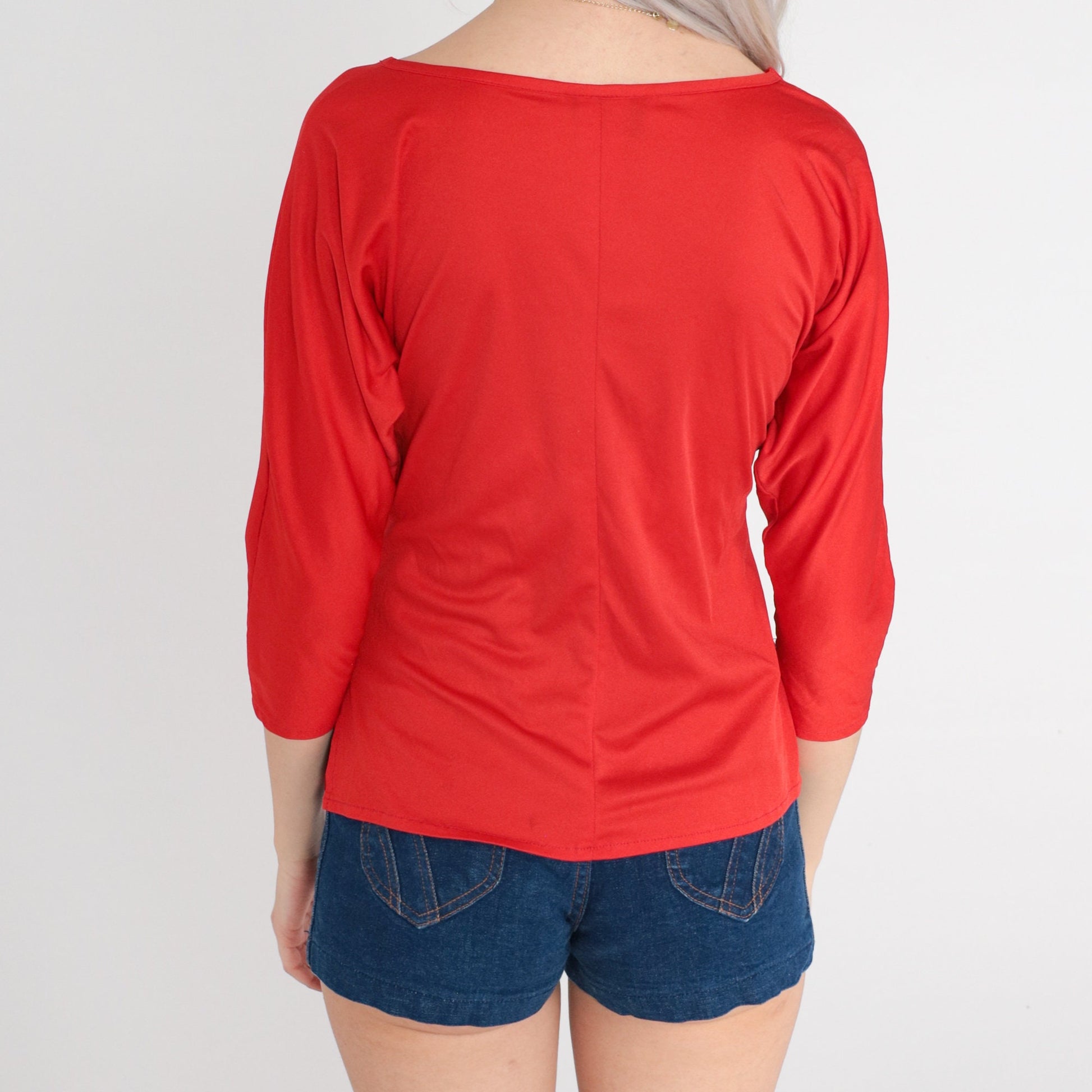 70s Red V-Neck Dolman Sleeve Blouse Polyester Vintage Small Medium