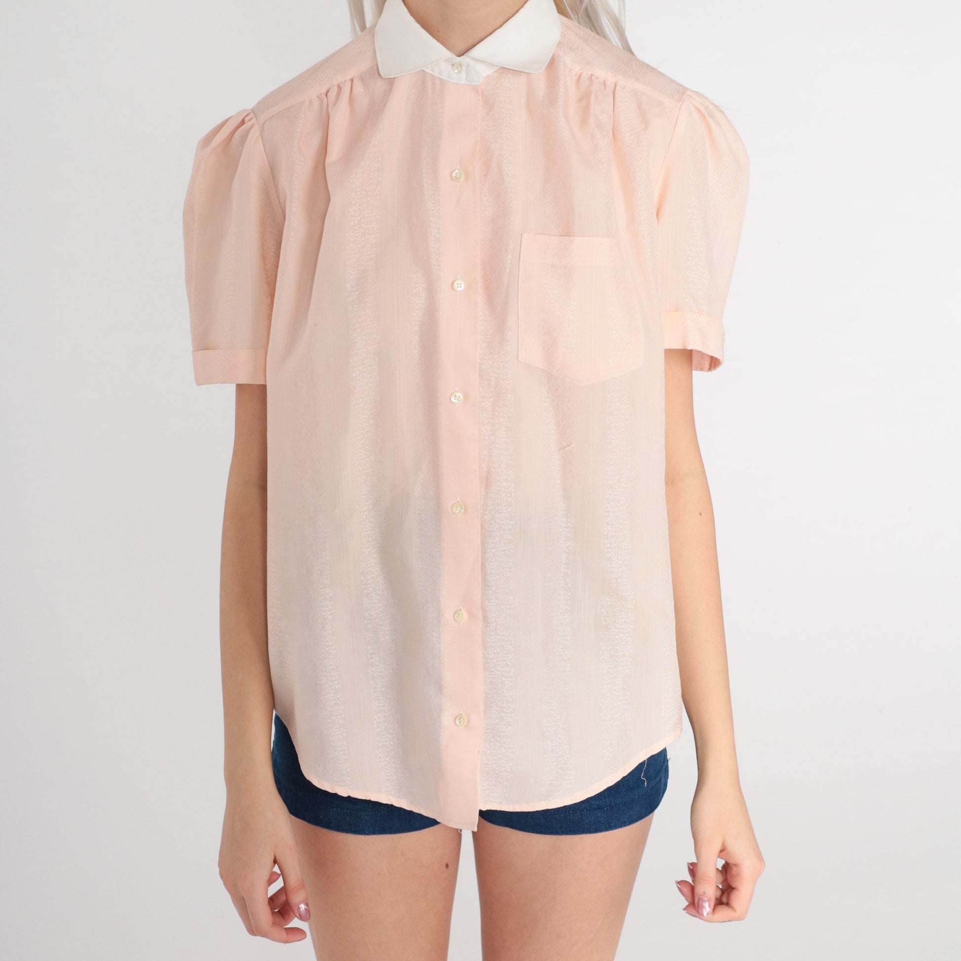 80s Peach Pink Embossed Floral Puff Sleeve Button Up Blouse Large