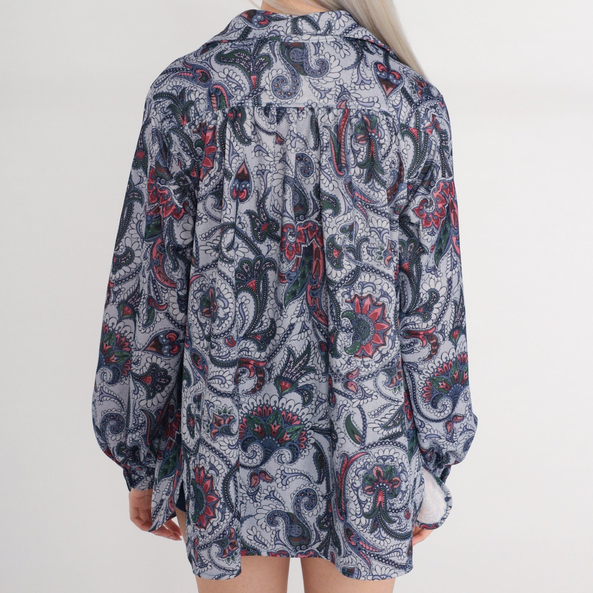 70s Indian Floral Print Button-Up Blouse Long Sleeve Pleated Yoke Medium