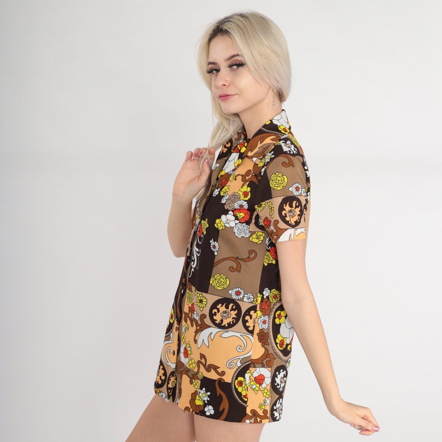 70s Floral Print Button-Up Shirt Brown Tonal Collar Short Sleeve Small
