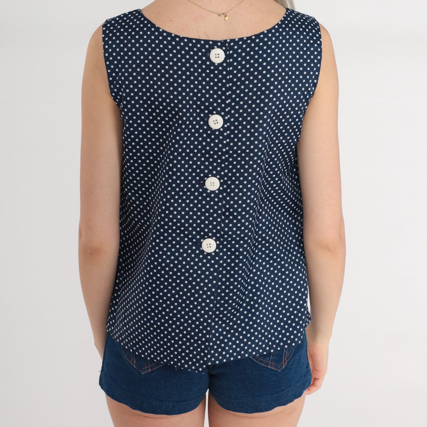 70s Navy Polka Dot Tank Top White Sleeveless Blouse Button Back Small
