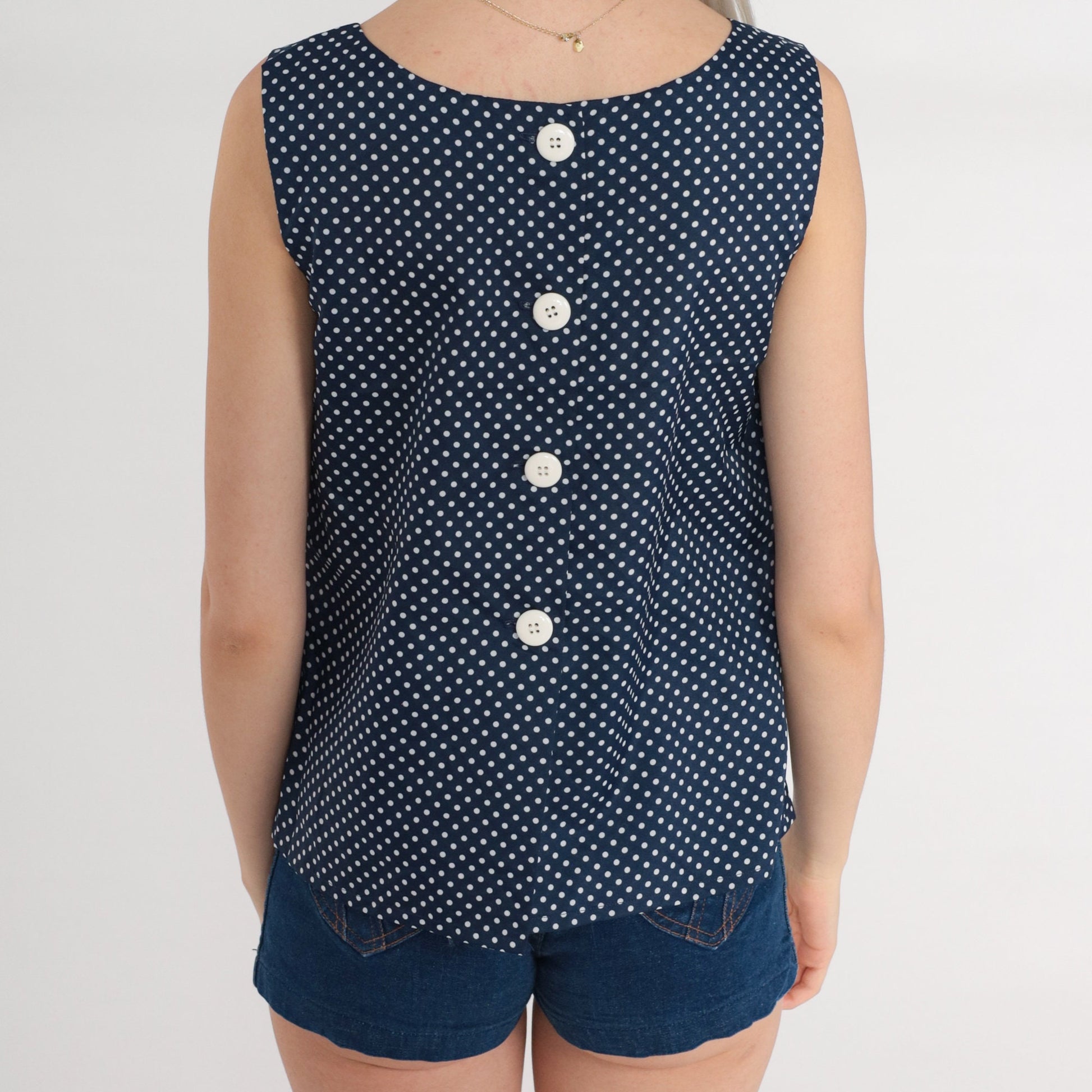 70s Navy Polka Dot Tank Top White Sleeveless Blouse Button Back Small