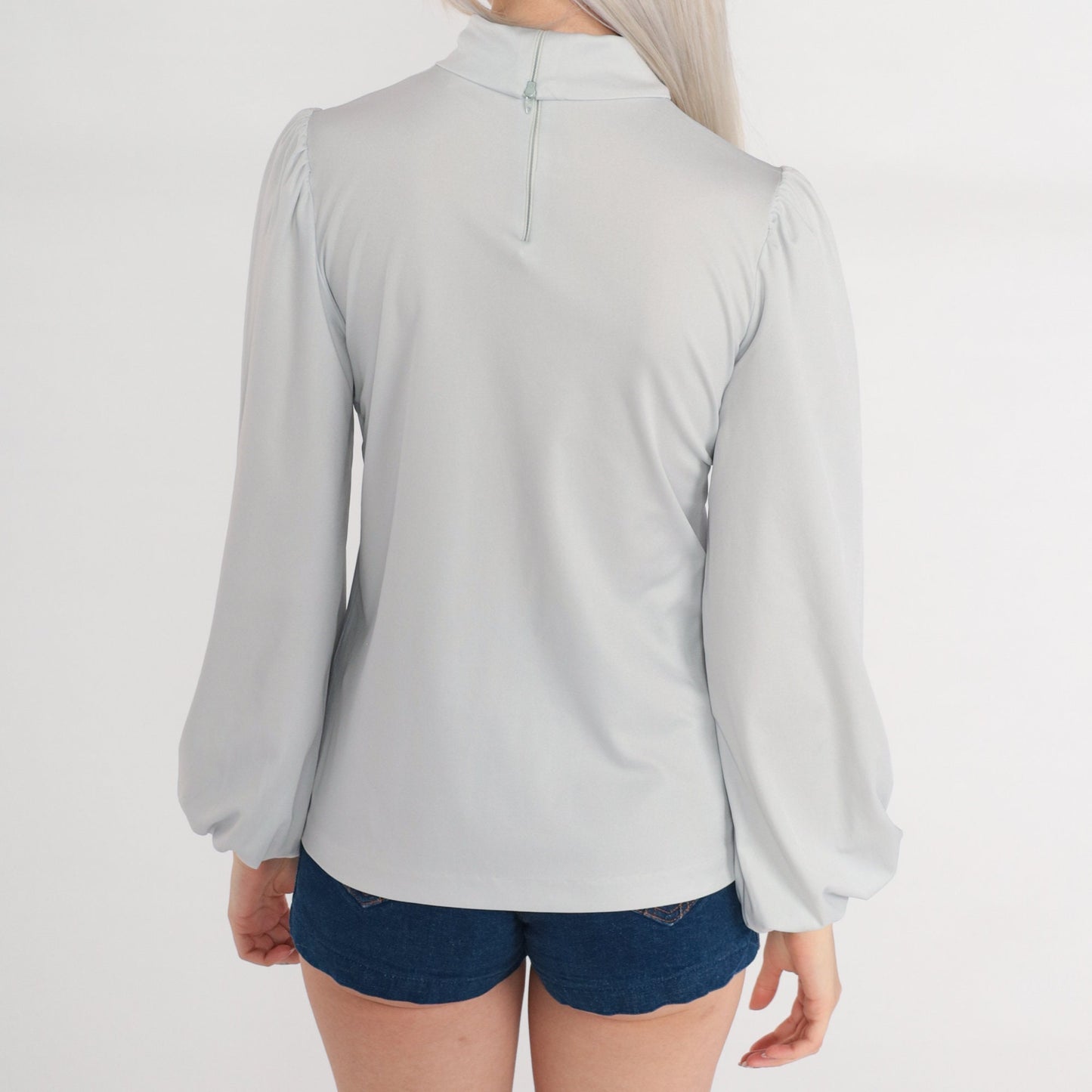70s Cement Grey Mock Neck Puff Sleeve Blouse Small S