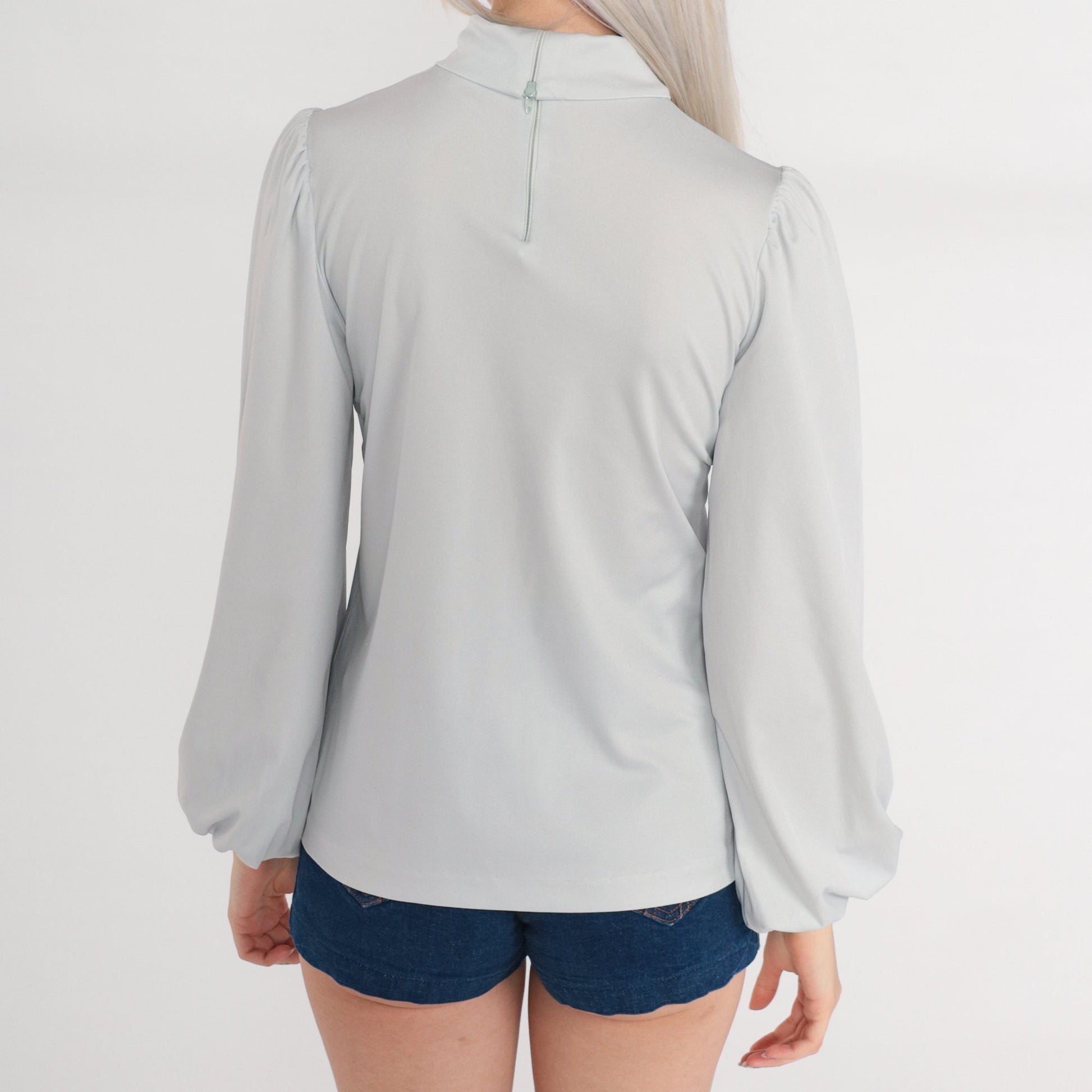 70s Cement Grey Mock Neck Puff Sleeve Blouse Small S