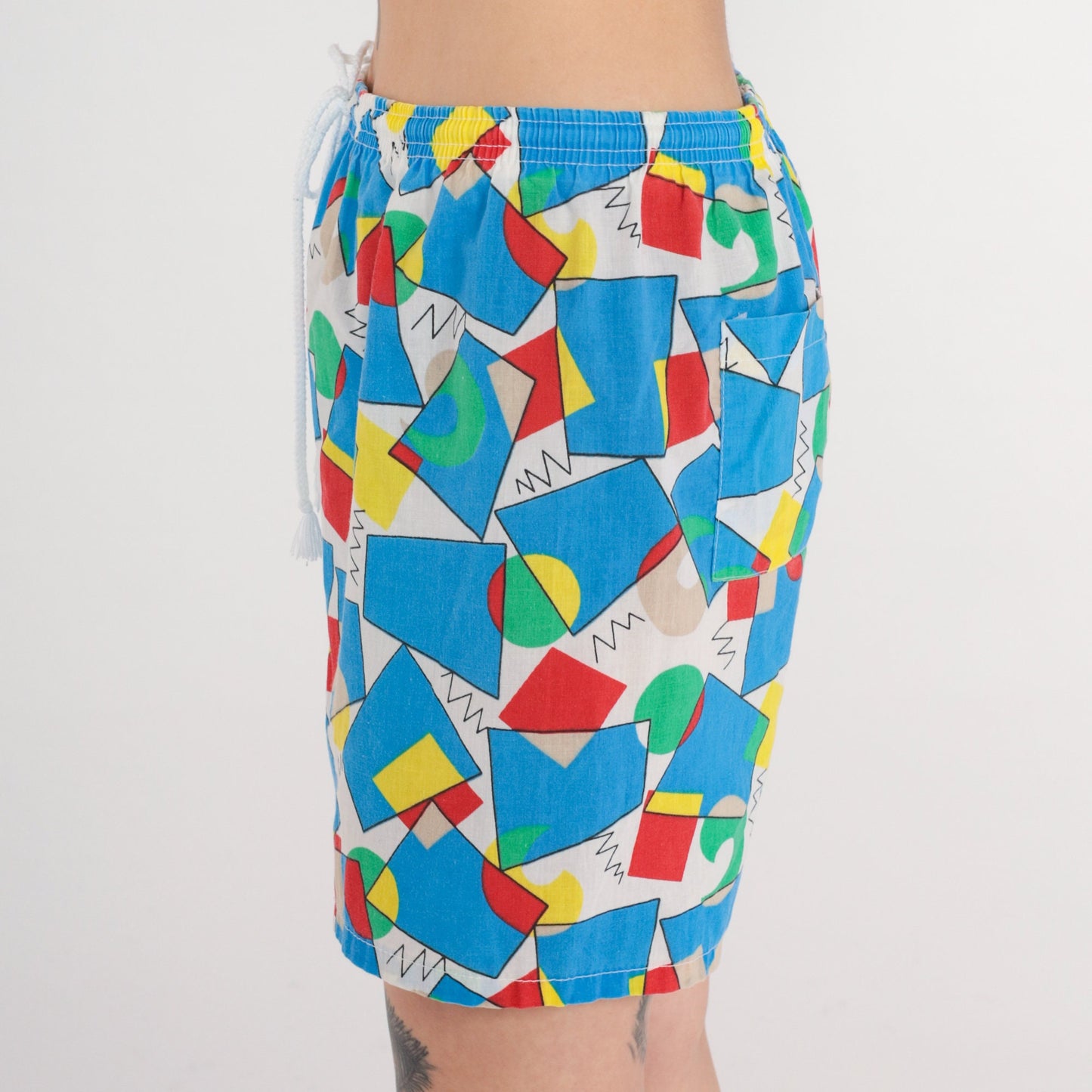 90s Geometric Shorts Bright Blue High Waist Drawstring Cotton Medium Large