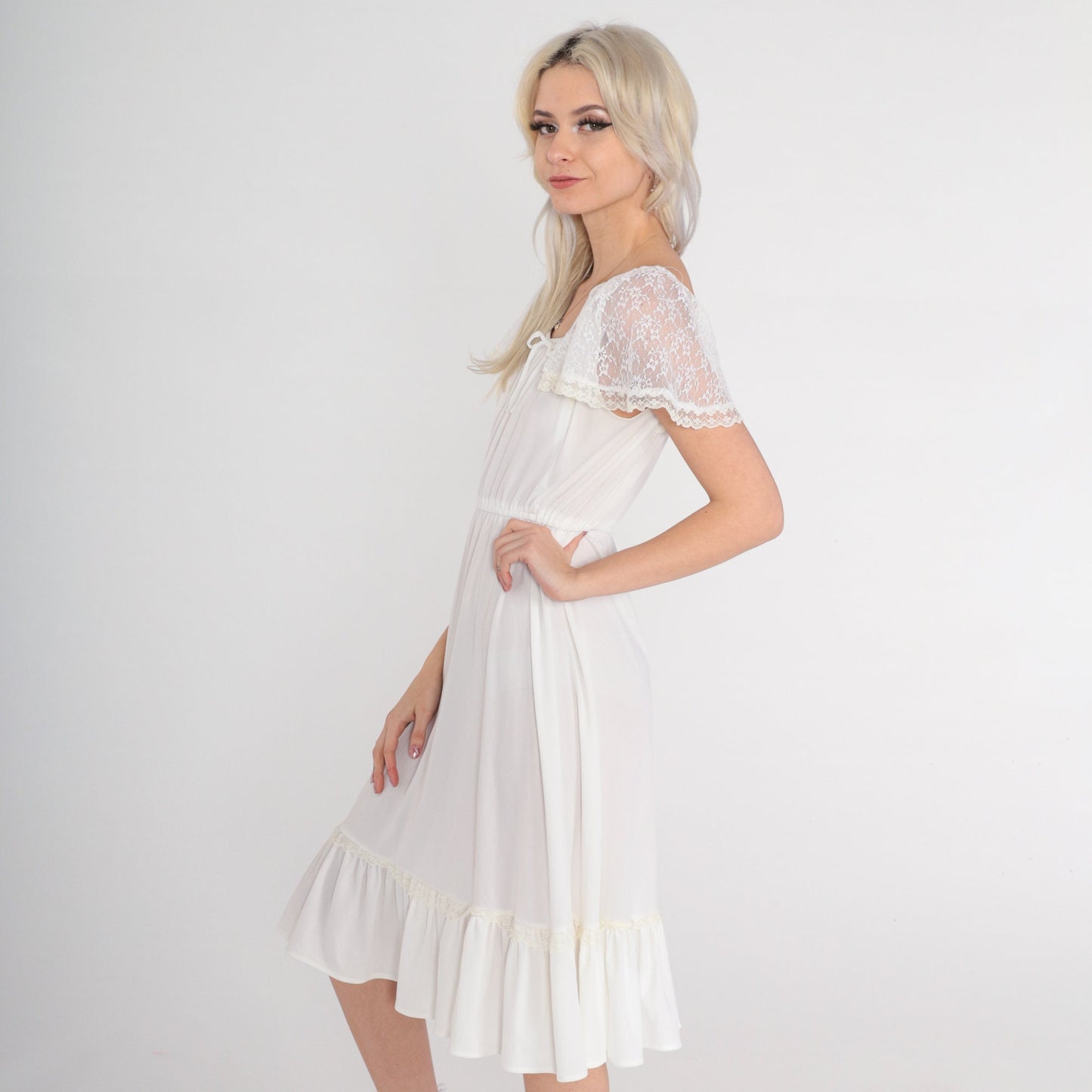 70s White Lace Flutter Sleeve Midi Dress High Waist Elastic Neckline Small Medium