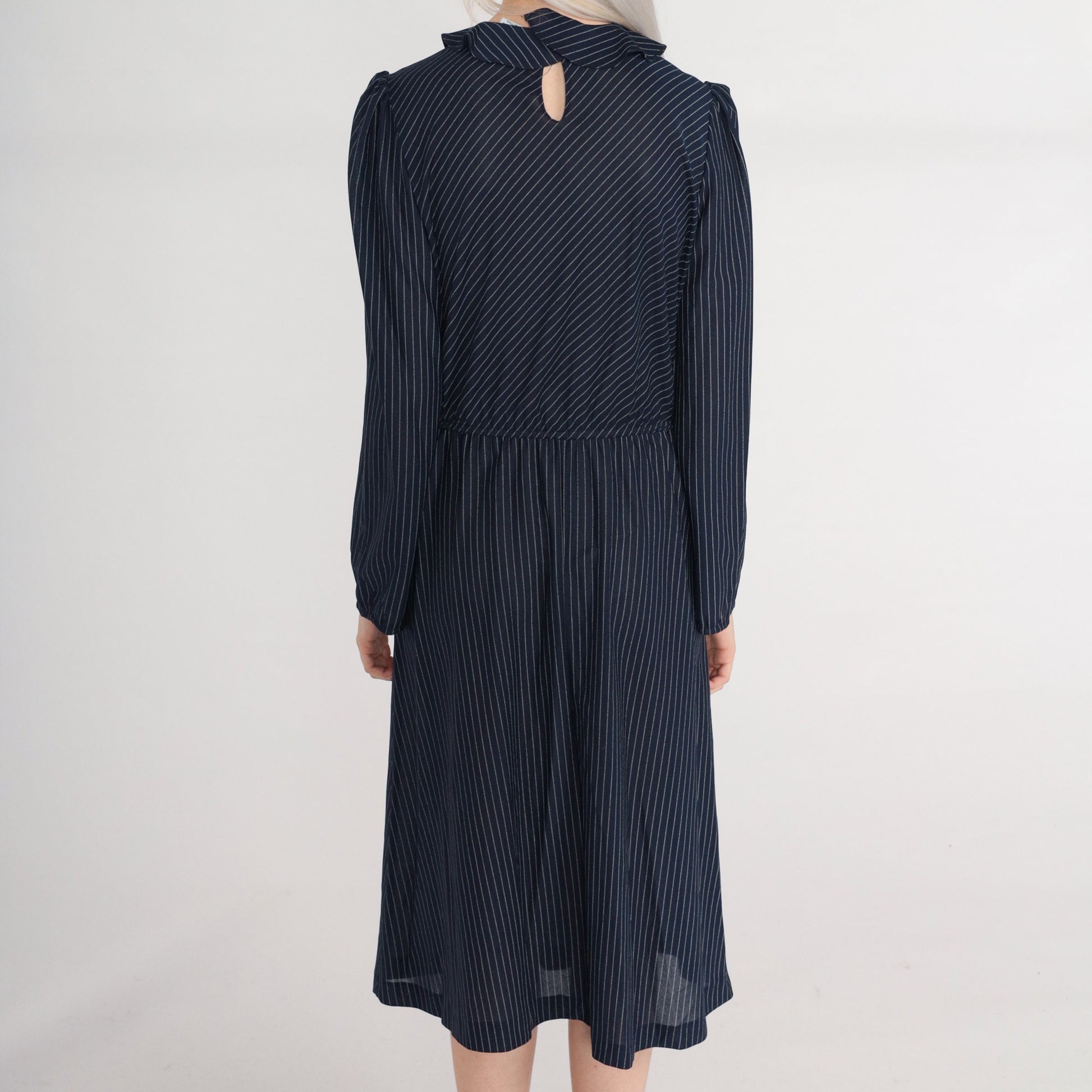 70s Navy Striped Midi Dress Puff Sleeve High Waist Ruffle Collar Small
