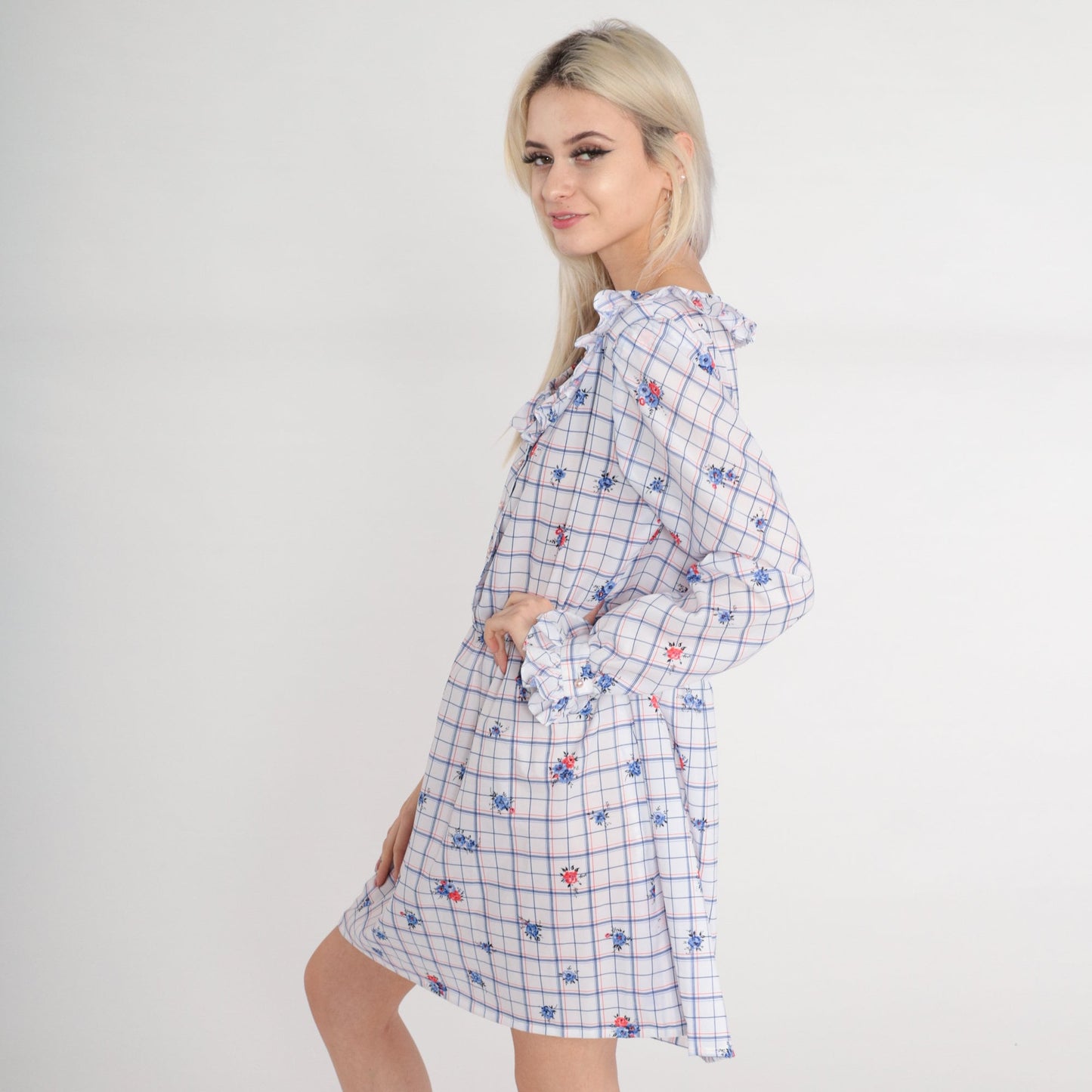 70s Checkered Floral Mini Dress Pearl Button High Waist Puff Sleeve Medium