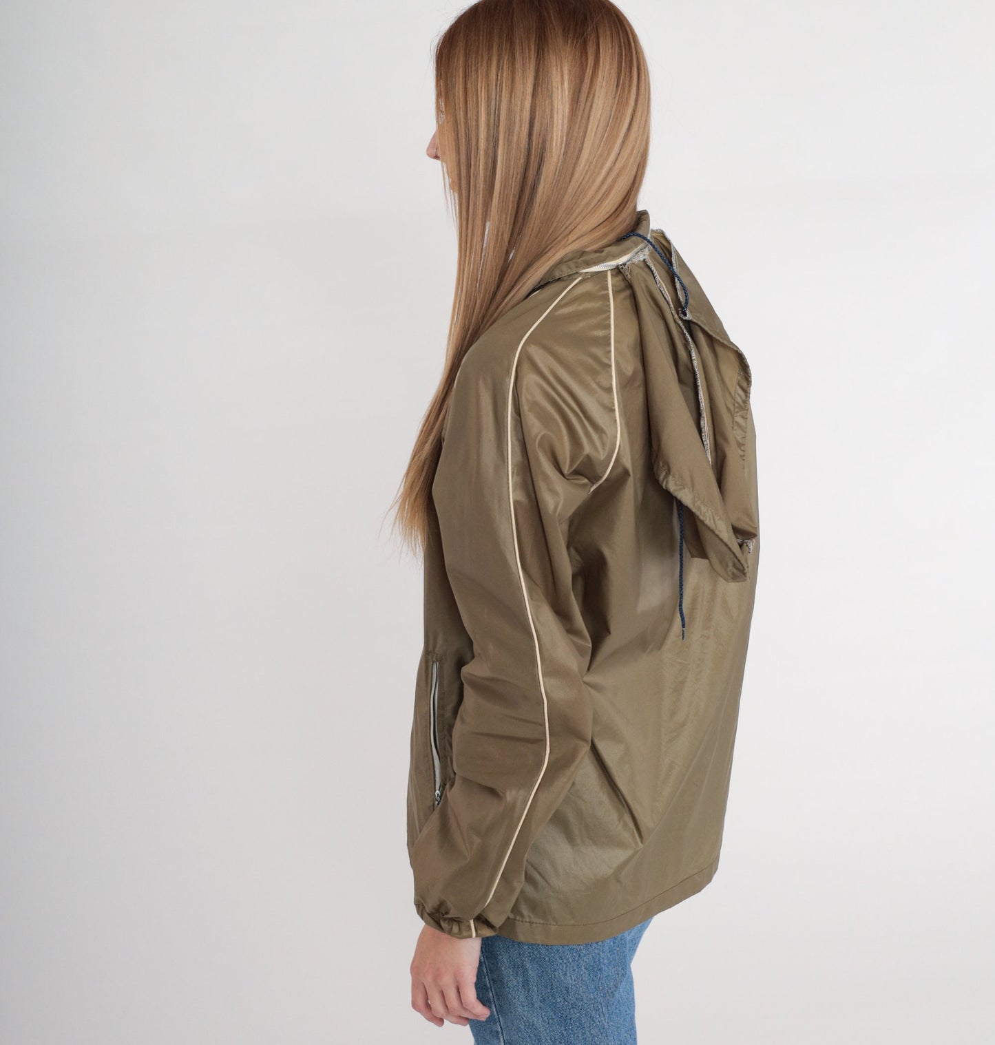 70s Olive Brown Nylon Windbreaker Jacket Zip Hood Large L