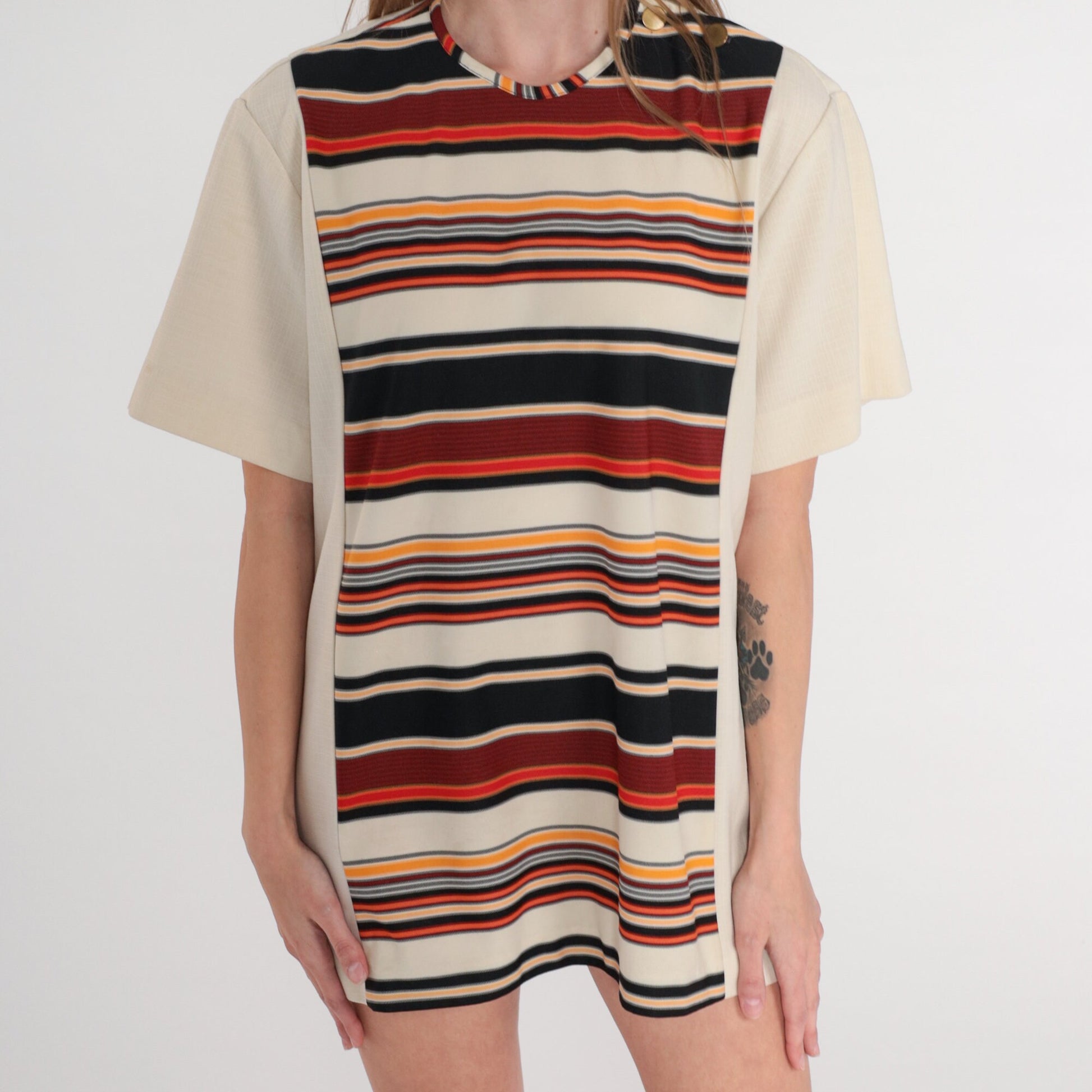 70s Mod Striped Shift Dress Micro Mini Off-White Red Yellow Short Sleeve XS