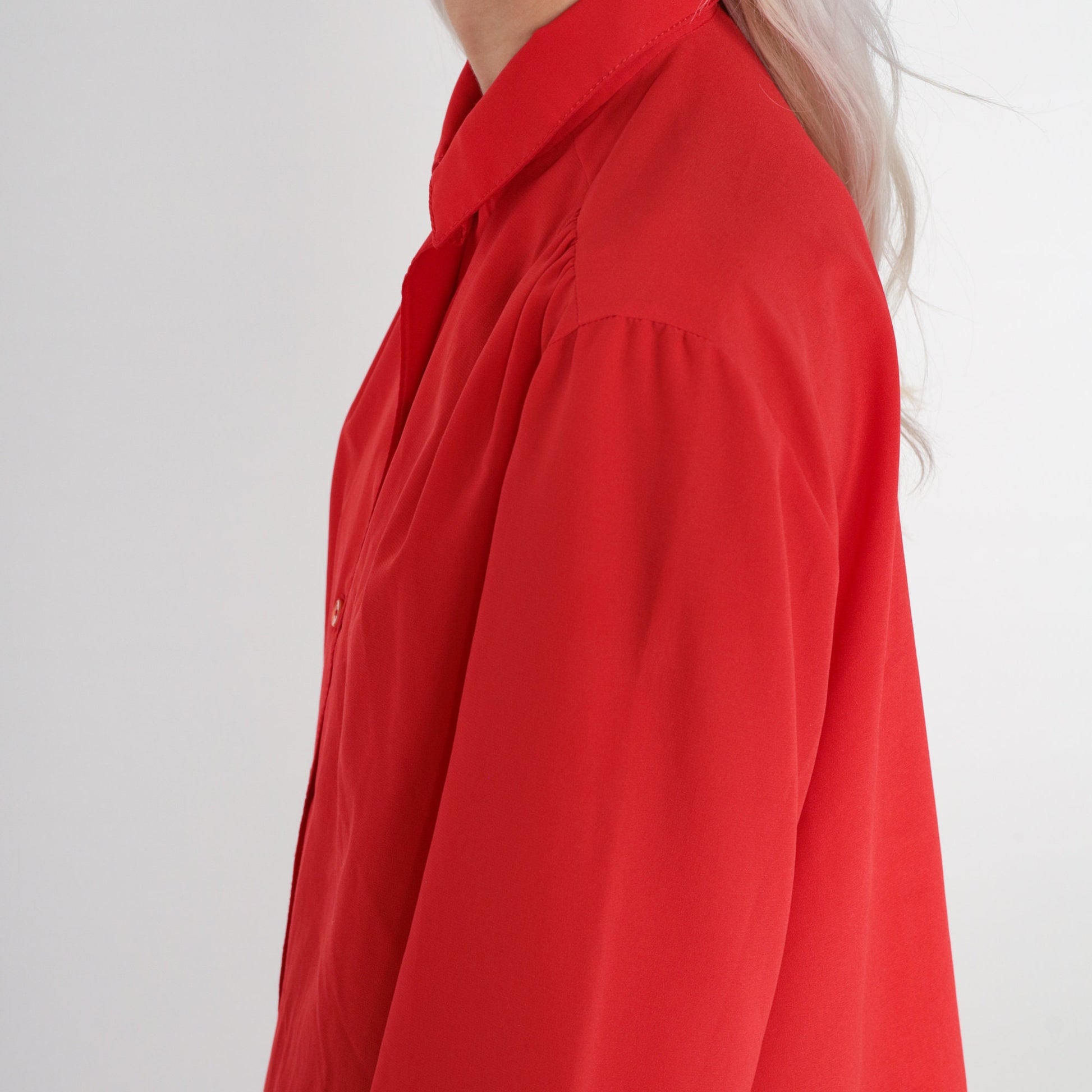 80s Red Button-Up Blouse Long Sleeve Collared Shirt Large L