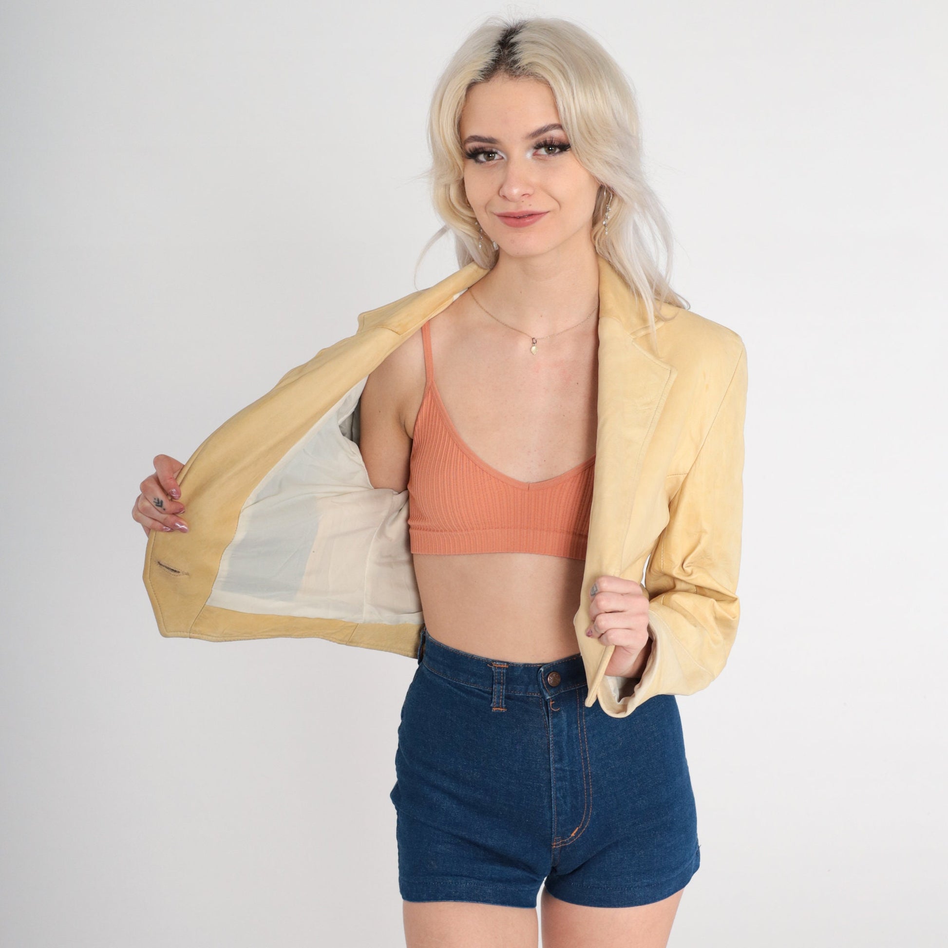 80s Pioneer Wear Leather Blazer Cropped Deep V Neck Sand Yellow Extra Small