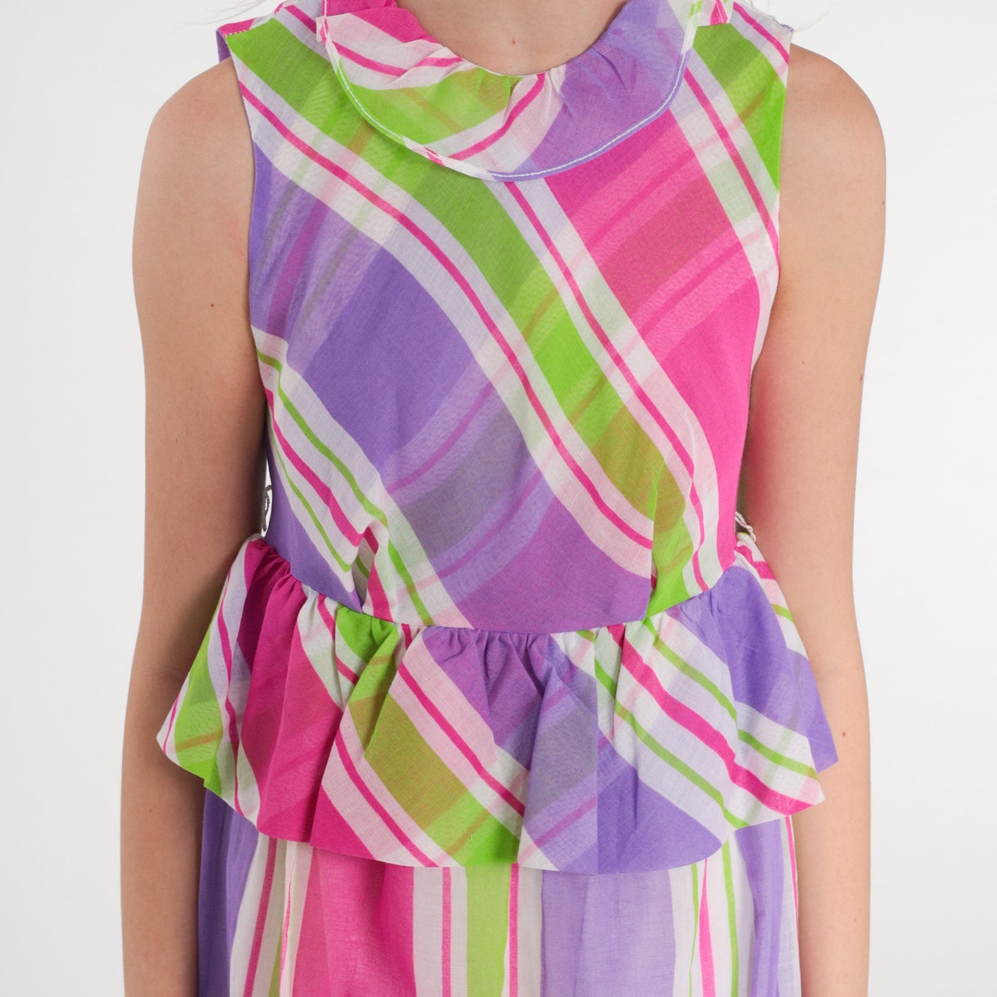 60s Mod Mini Dress Keyhole Back Pink Purple Striped Empire Waist Extra Small