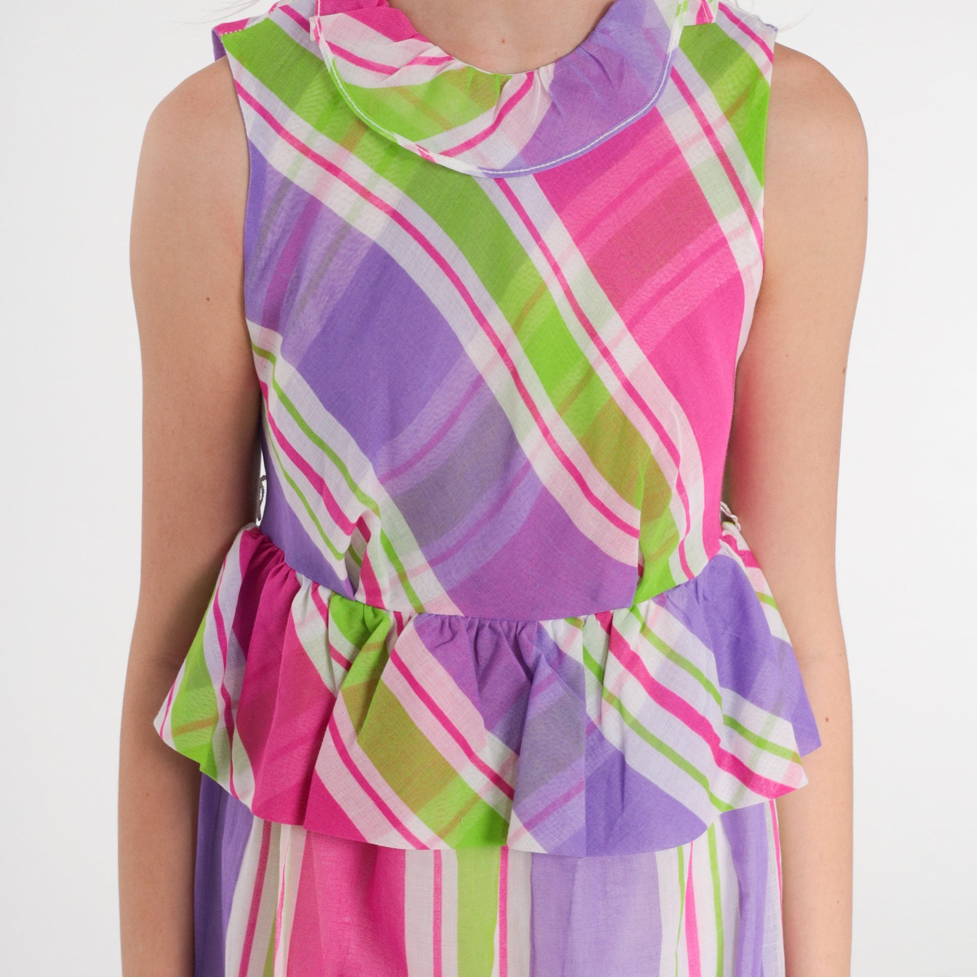 60s Mod Mini Dress Keyhole Back Pink Purple Striped Empire Waist Extra Small