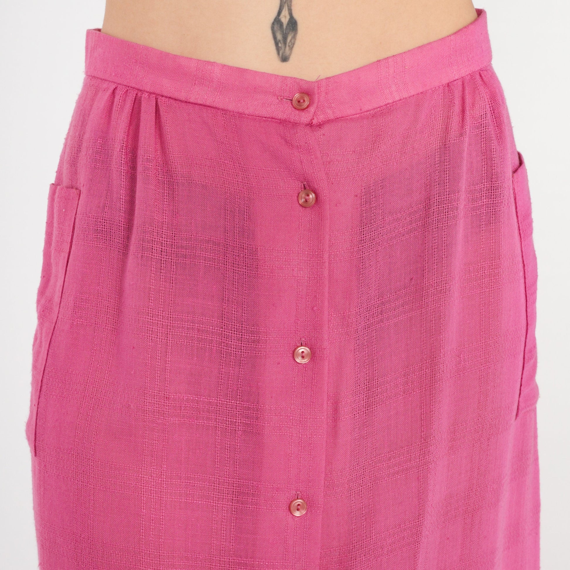 80s Pink Button-Up Midi Skirt High Waist Sheer Medium