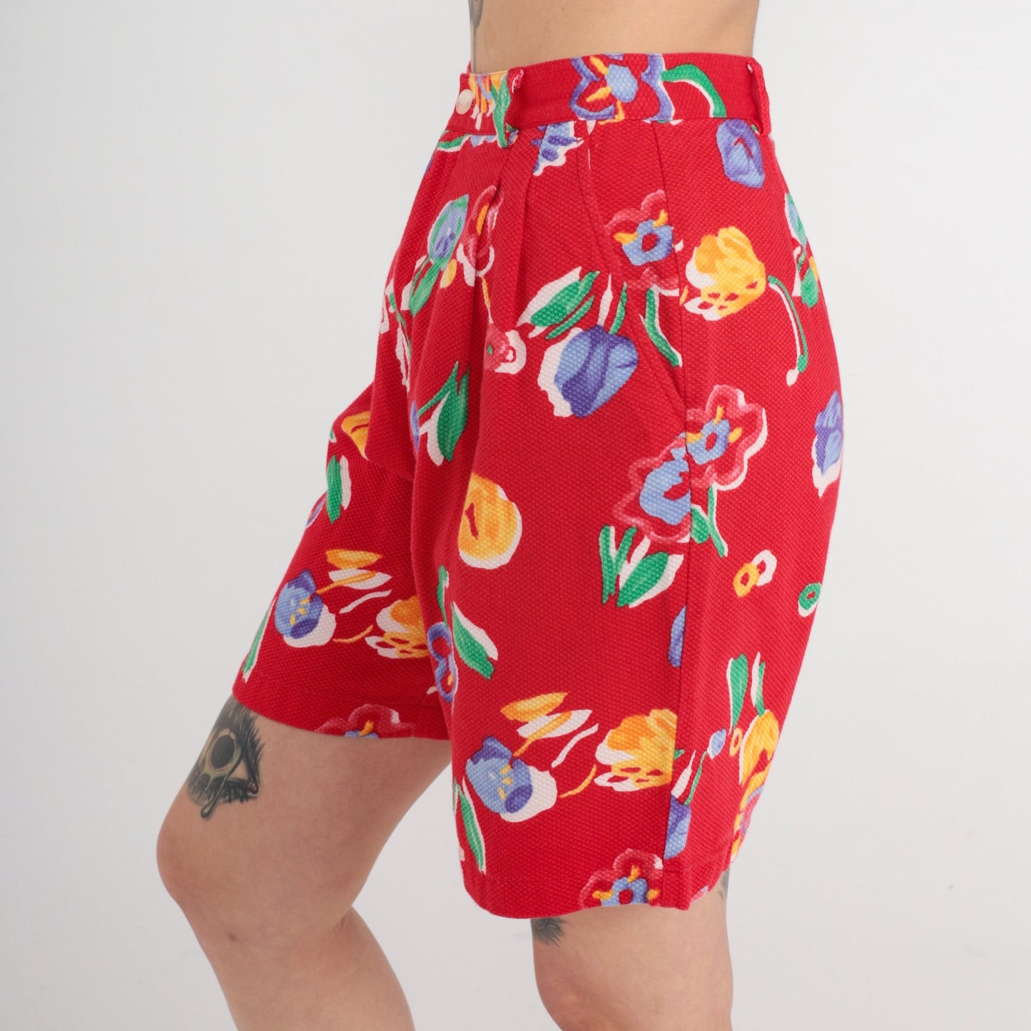 90s Red Floral High-Waisted Shorts Cotton Pockets Small