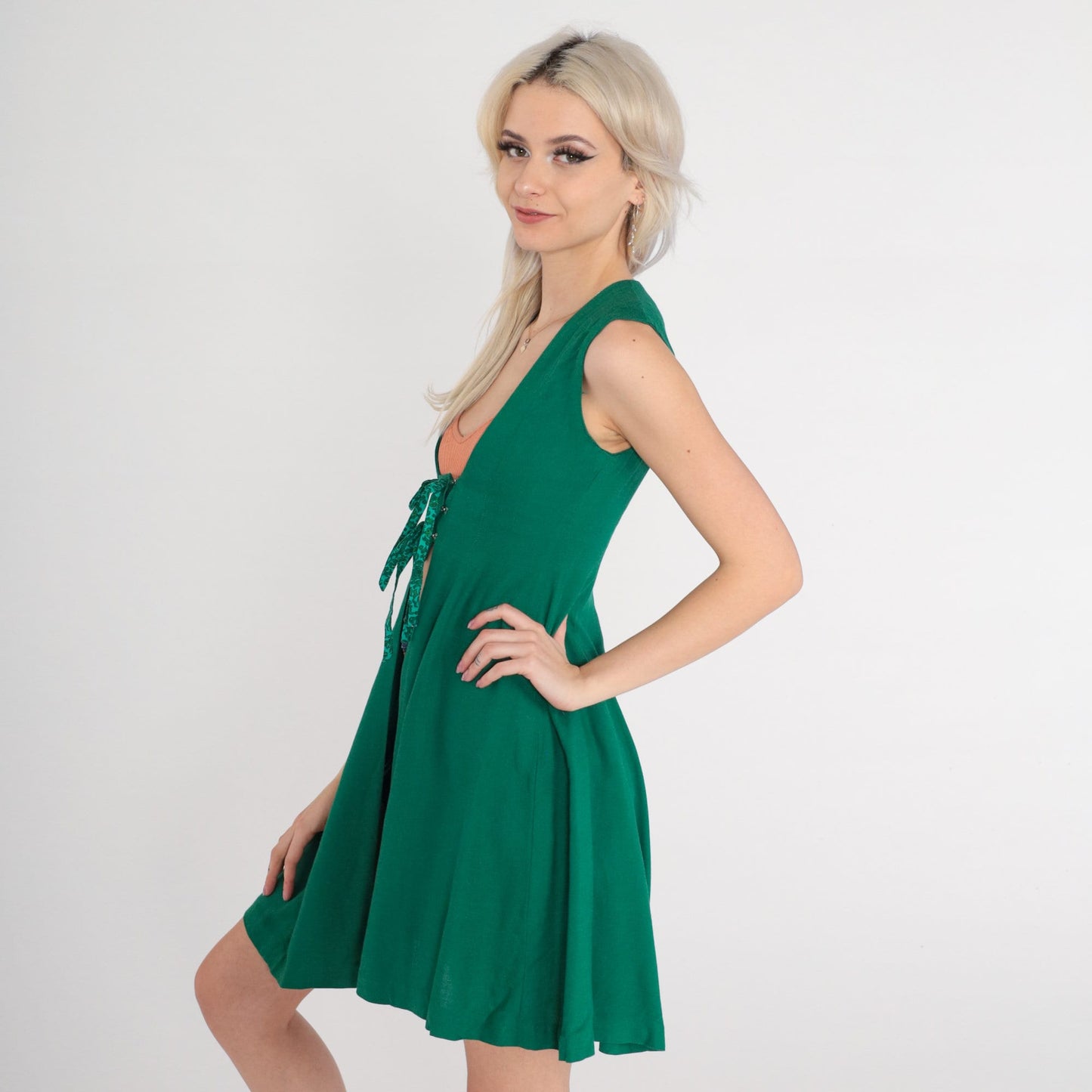70s Green Mini Dress Open Front Sleeveless Scoop Neck Extra Small
