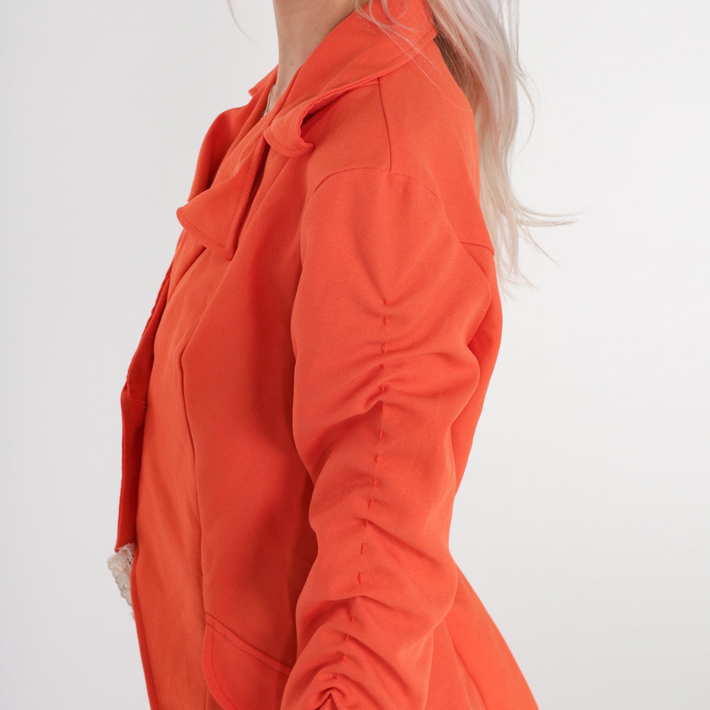 70s Orange Blazer Notched Collar Ruched Sleeves Eyelet Lace Extra Small