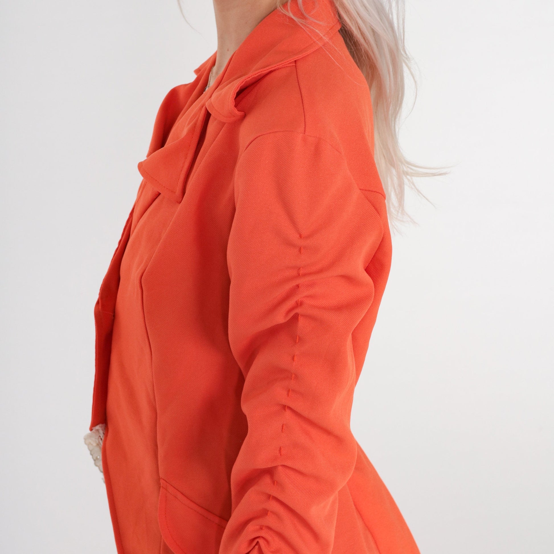 70s Orange Blazer Notched Collar Ruched Sleeves Eyelet Lace Extra Small