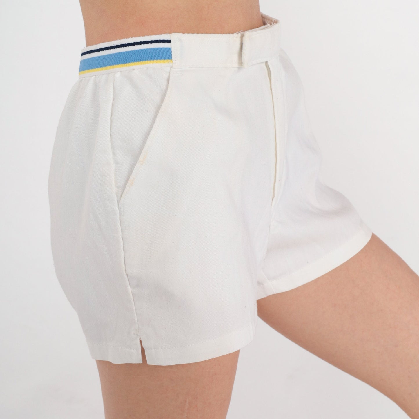 80s Jantzen White Tennis Shorts Blue Stripe High-Waist Small