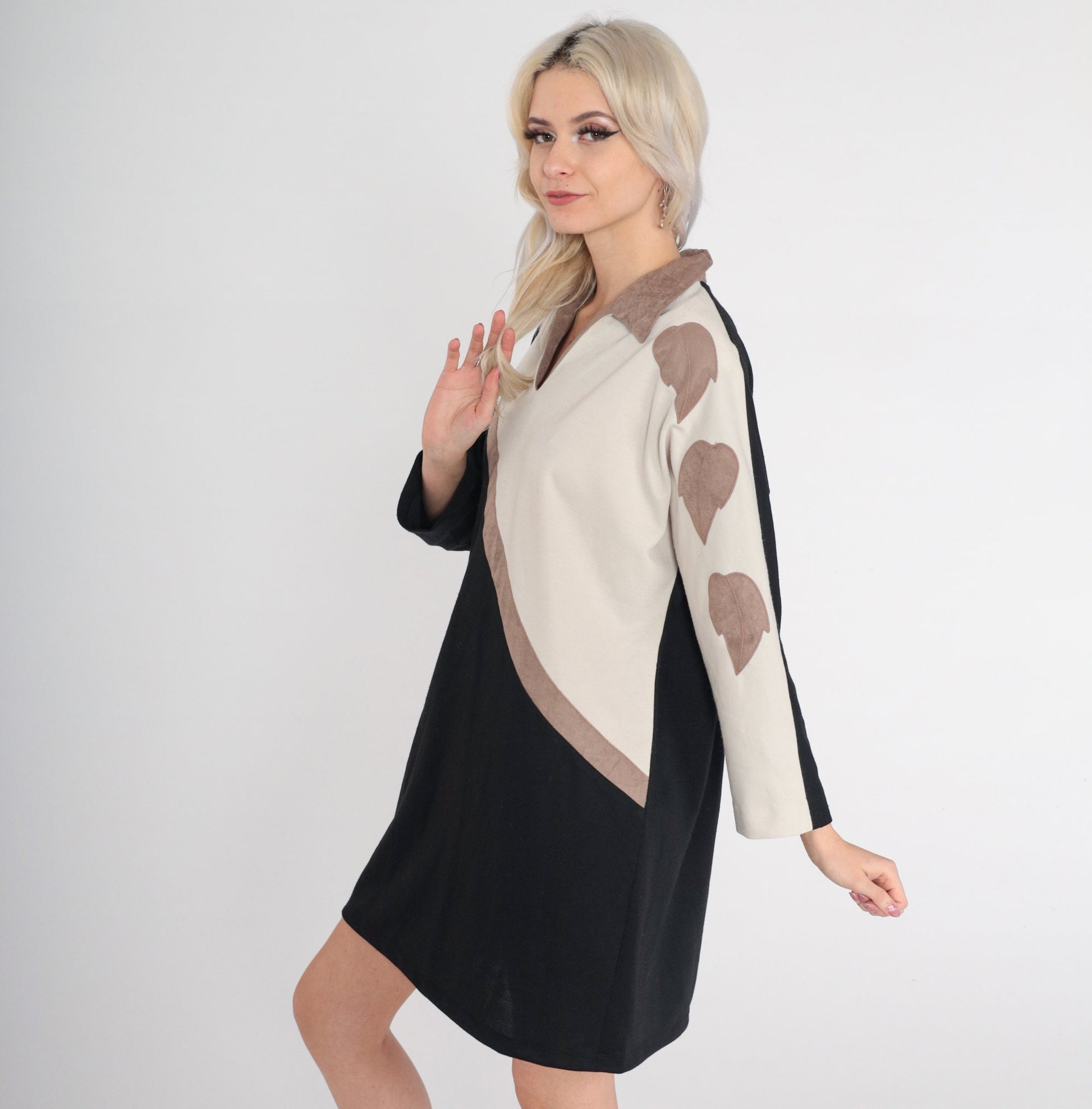 70s Shift Dress Faux Suede Leaf Print Colour Block Mini Black Beige Large