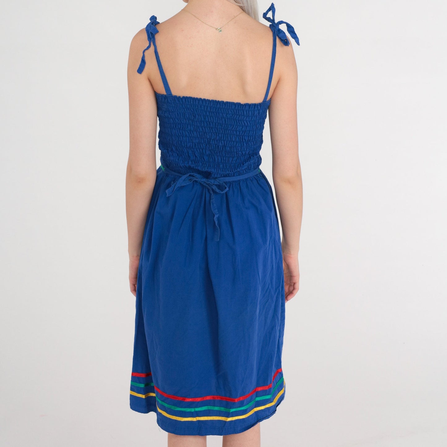 70s Mexican Embroidered Peacock Midi Dress Blue Cotton Smocked Small