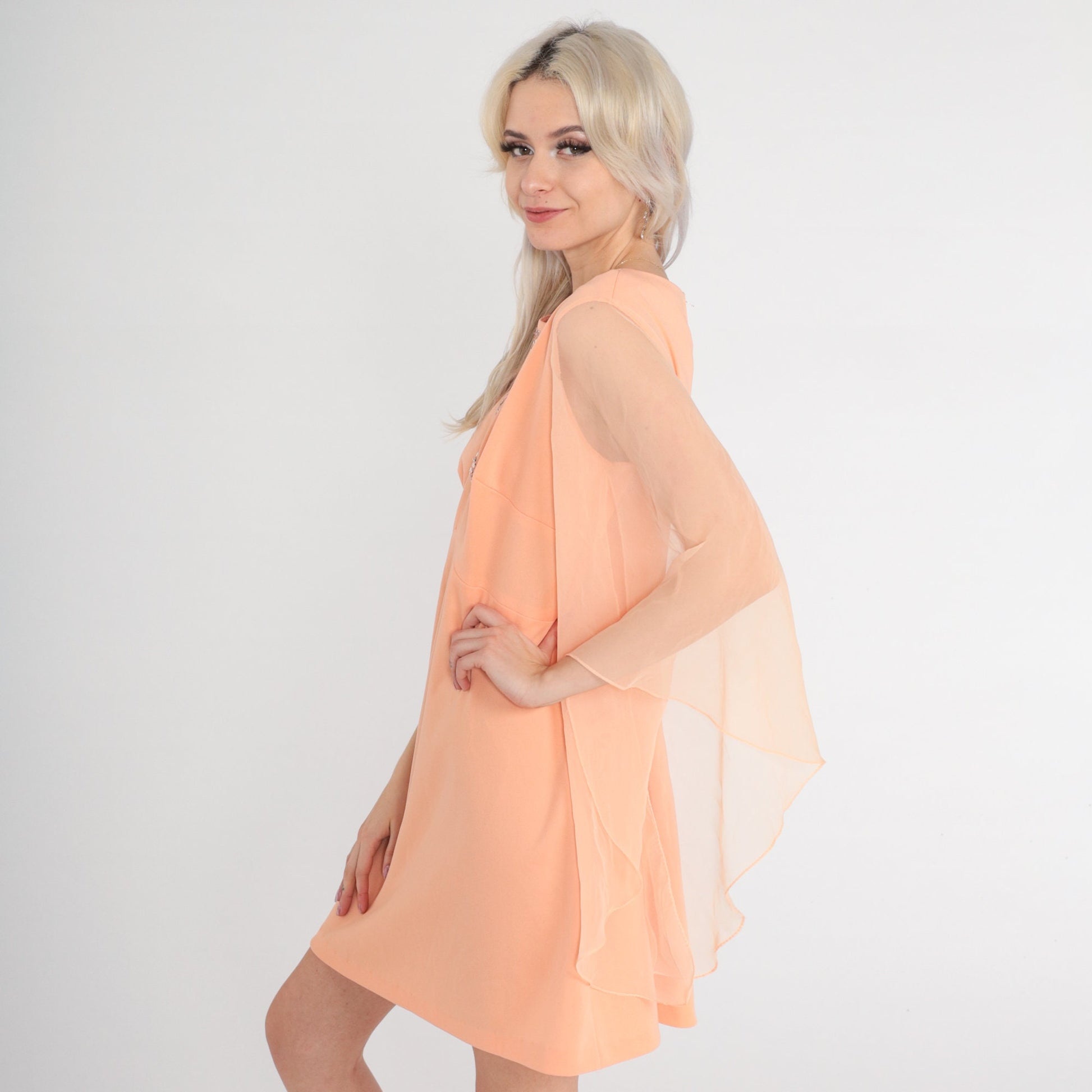 1960s Peach Babydoll Mini Dress Angel Sleeve Beaded Keyhole Medium Large