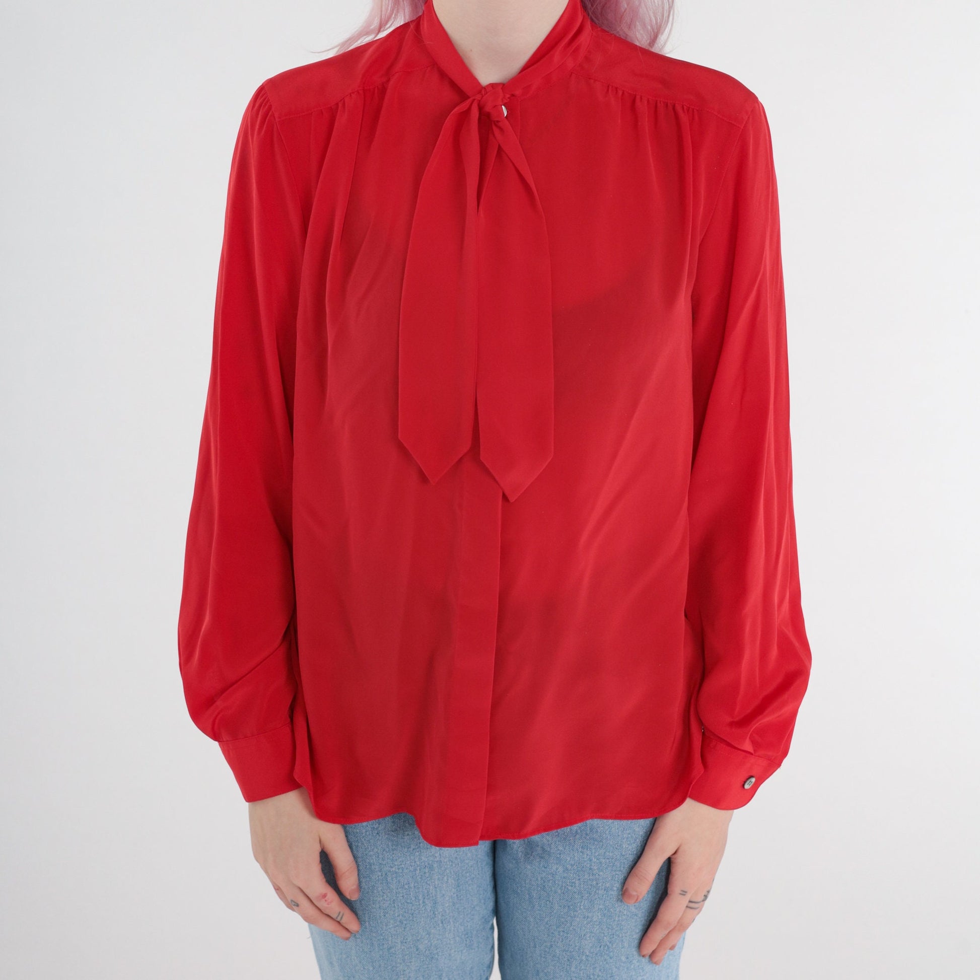 80s Red Ascot Bow Blouse Long Sleeve Button-Up Secretary Shirt Medium 8