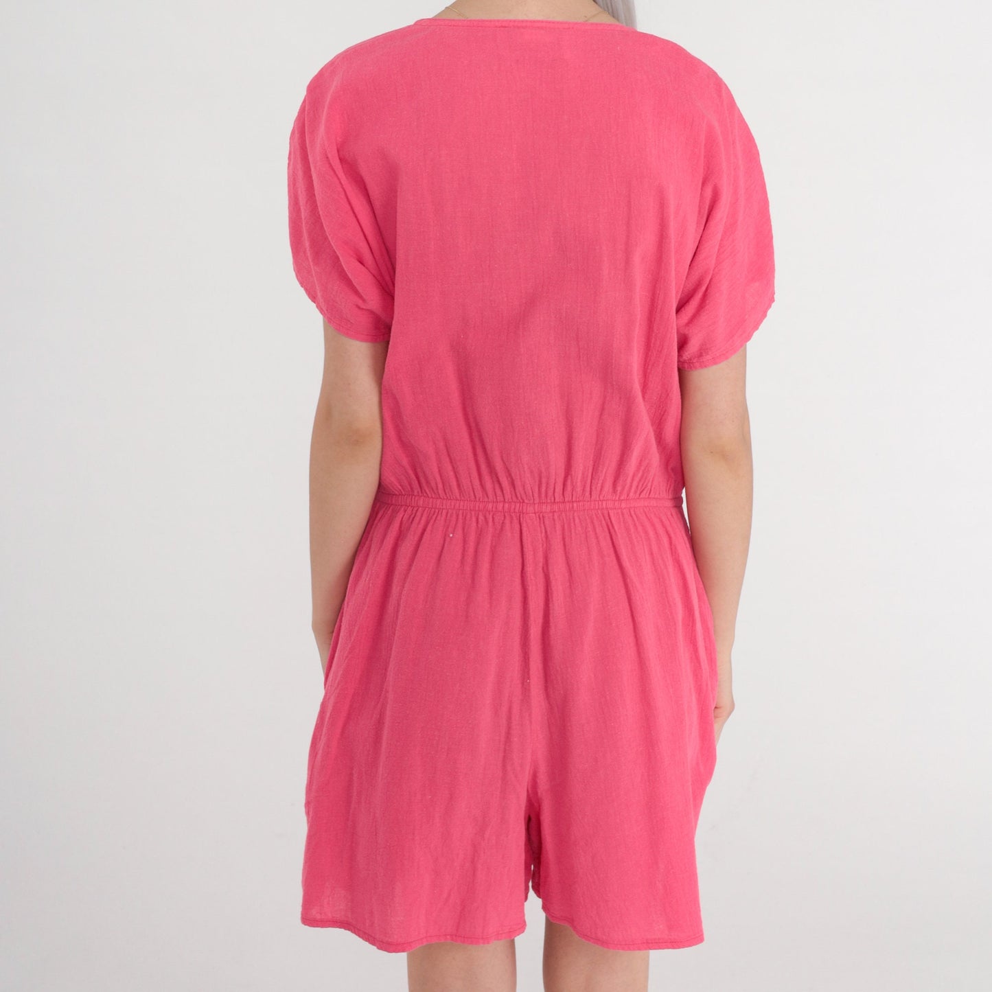 80s Pink Cotton Romper High Waisted Button Front Short Sleeve Small