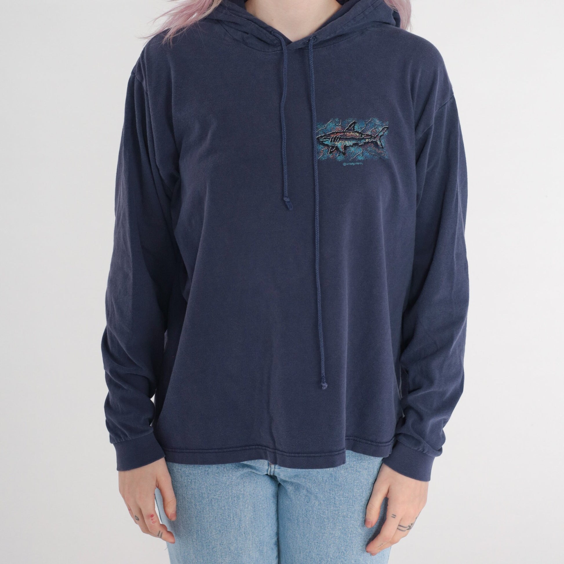 90s Crazy Shirts Laguna Beach Shark Hooded T-Shirt Navy Medium