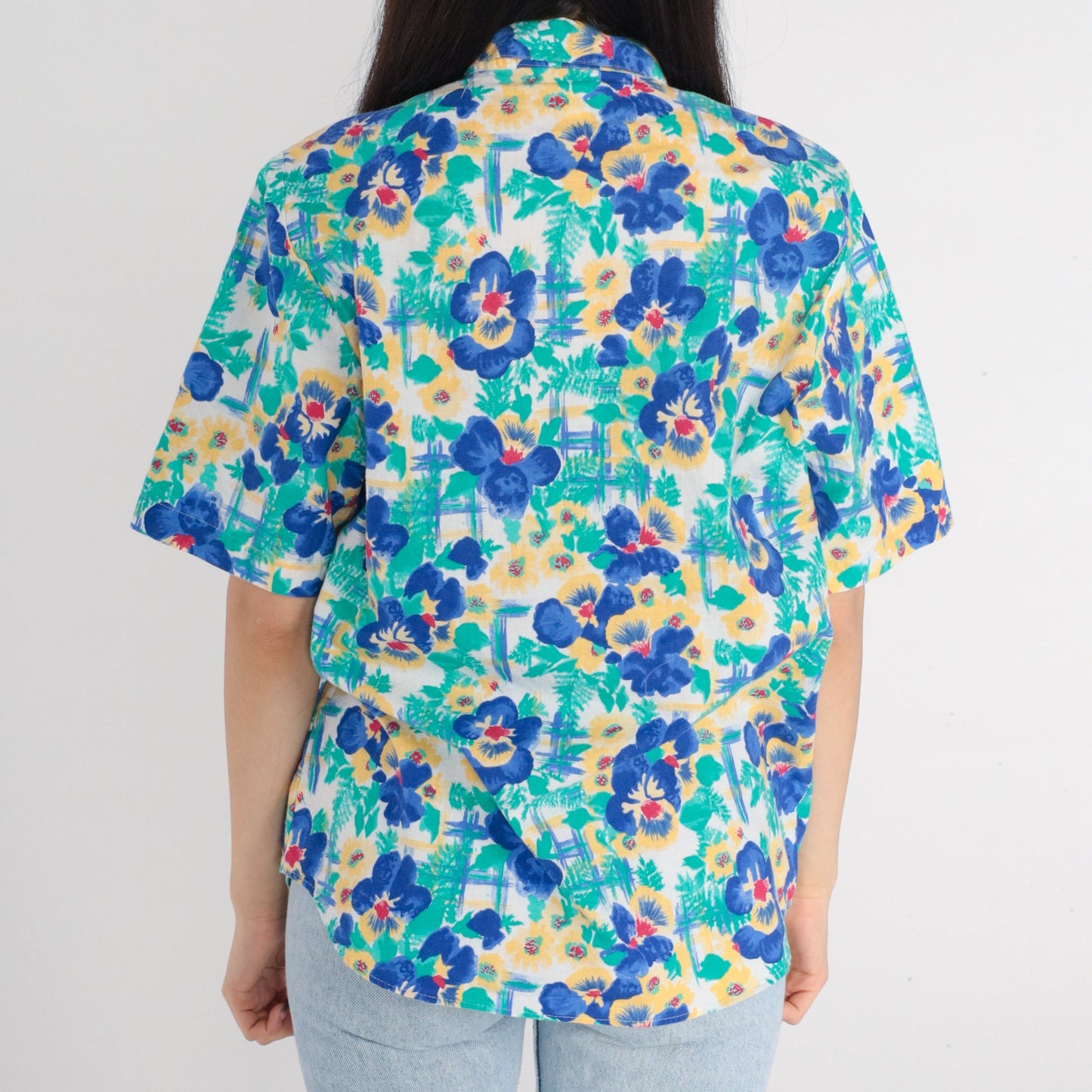 90s Cherokee Floral Button-Up Blouse Short Sleeve Cotton Green Blue Yellow Red Small S