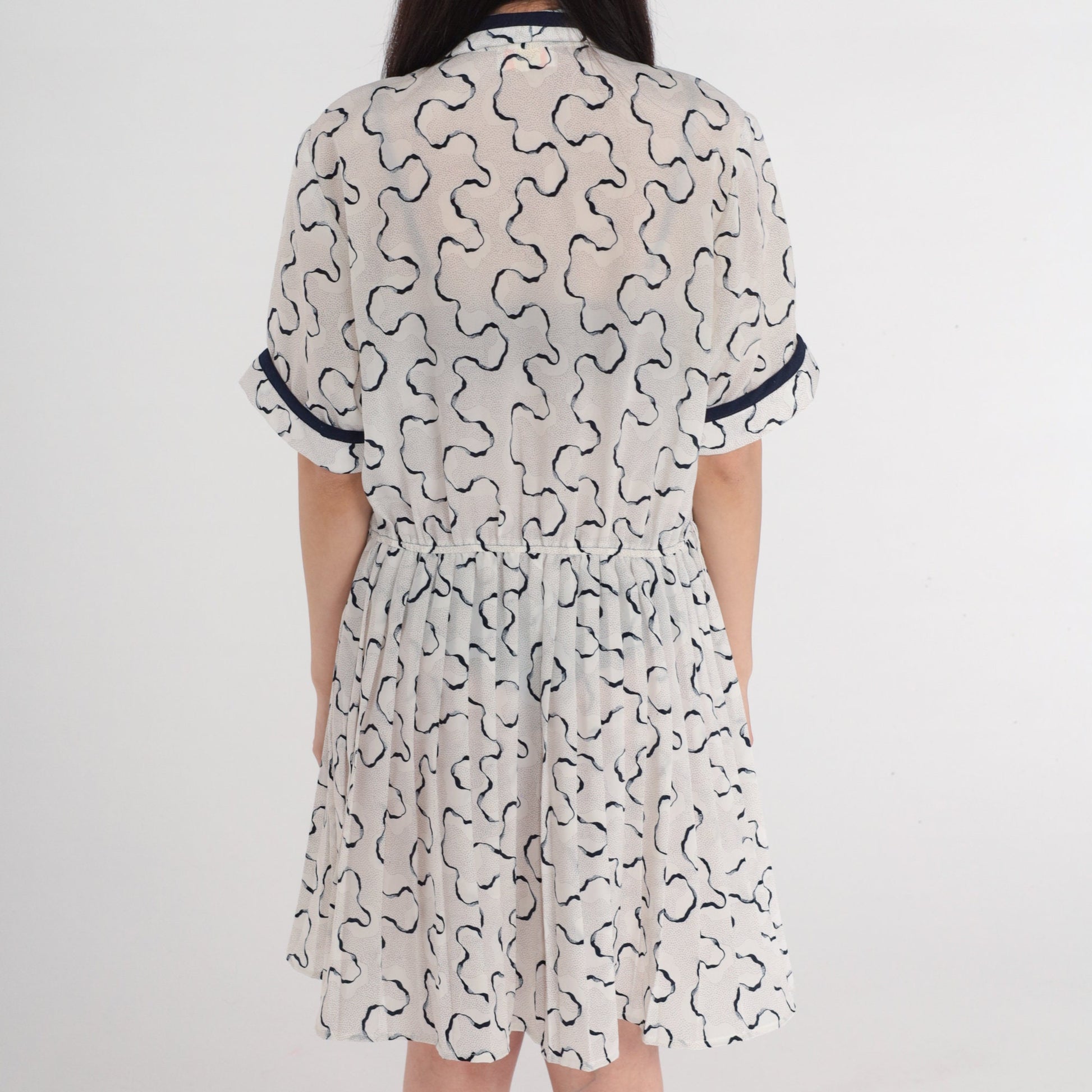 80s Squiggle Print Mini Dress White Navy Faux Wrap Pleated V-Neck Large