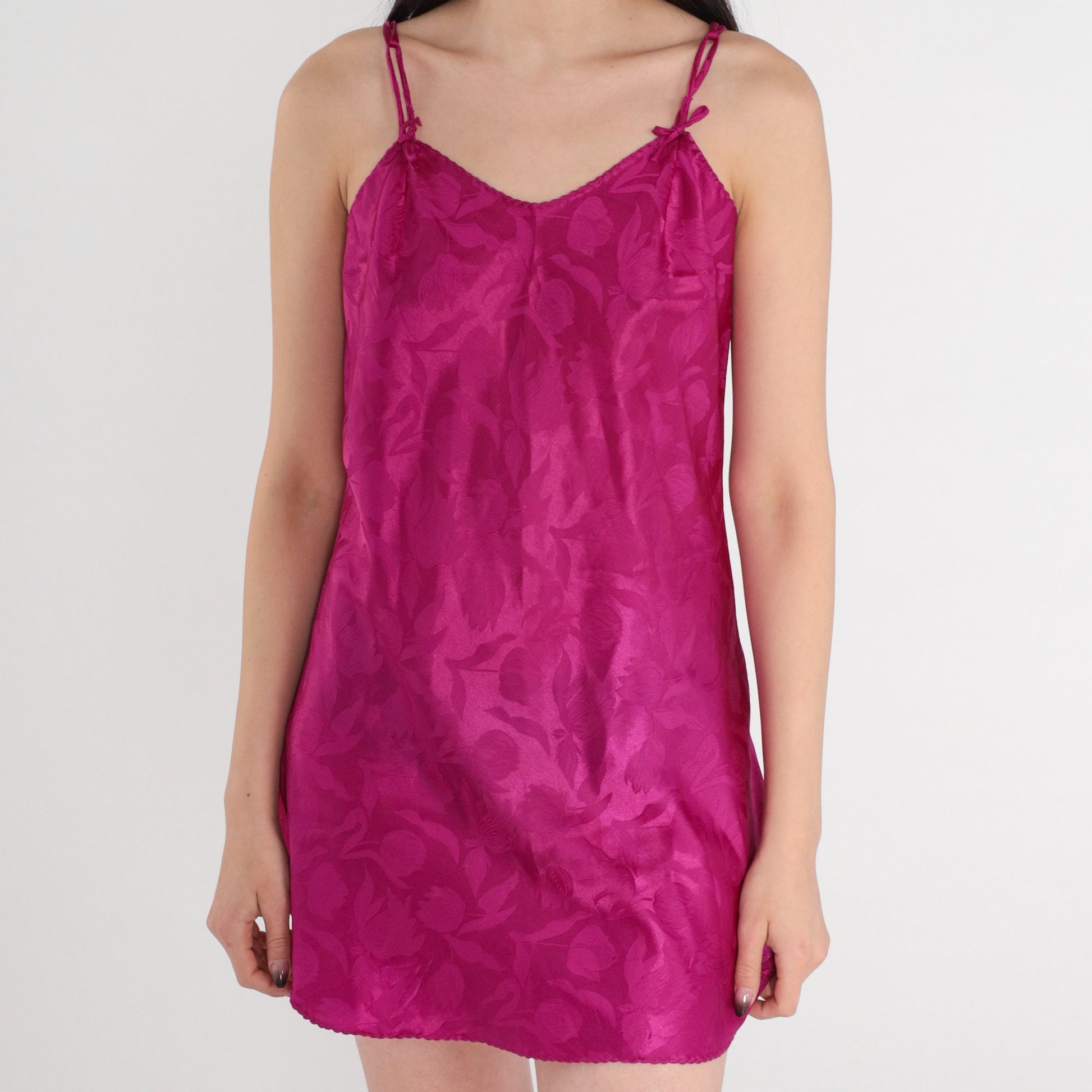 80s Magenta Floral Embossed Slip Dress Mini Spaghetti Strap Side Slit Small