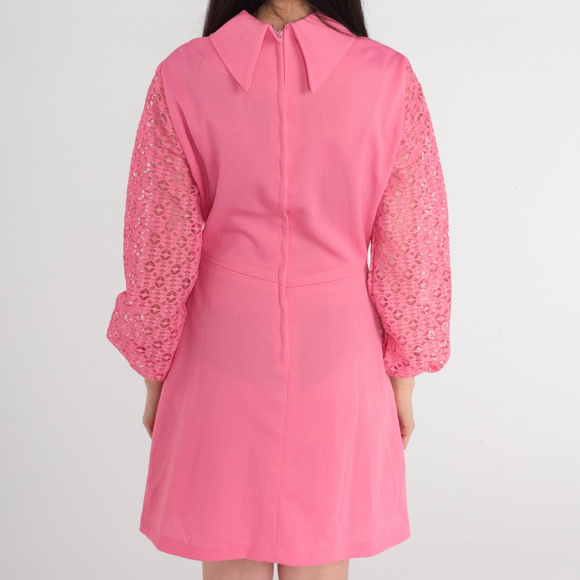 70s Pink Mini Dress Empire Waist Sheer Lace Sleeves Mock Neck Small
